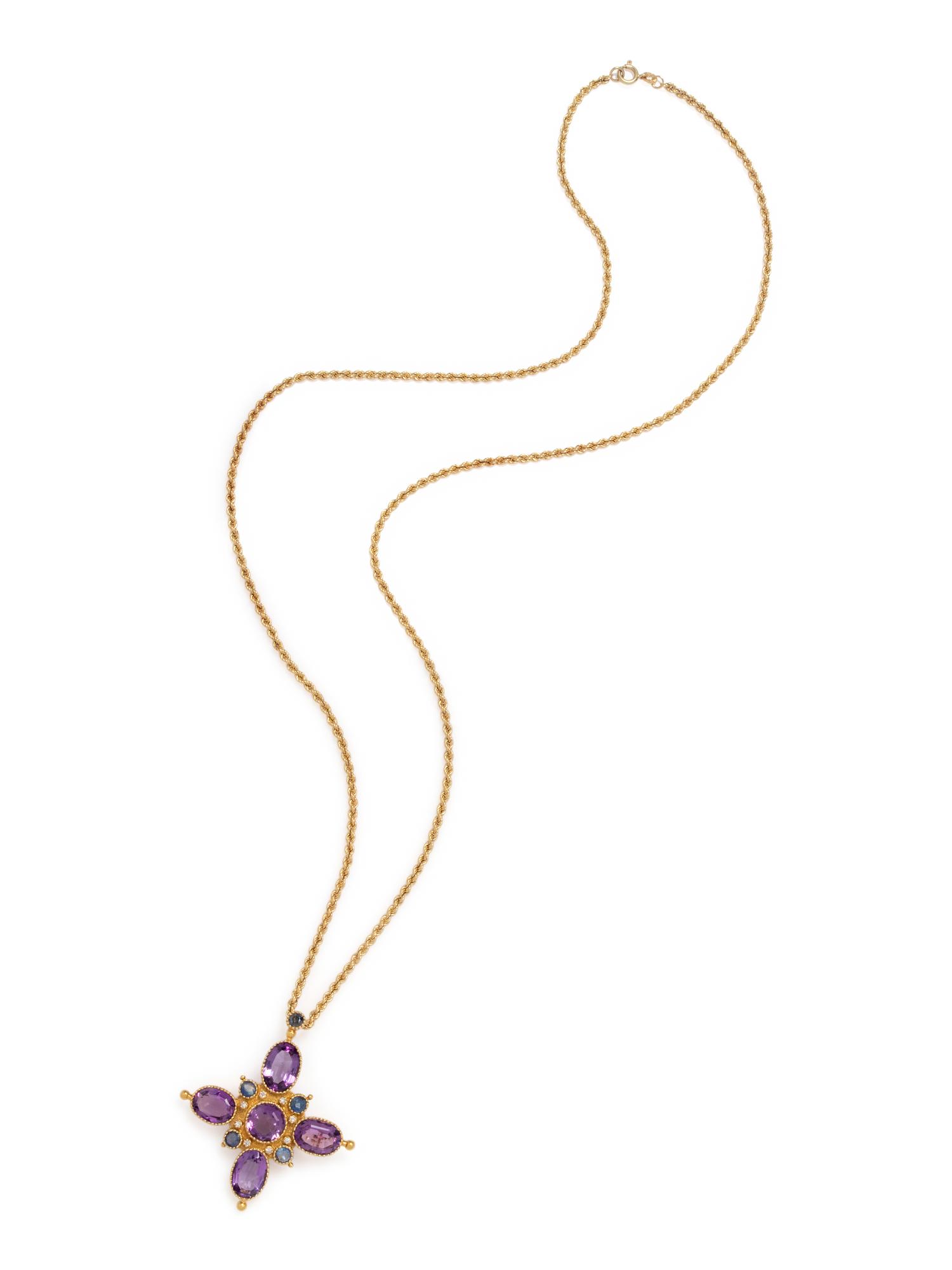 AMETHYST, SAPPHIRE AND DIAMOND PENDANT/BROOCH NECKLACE