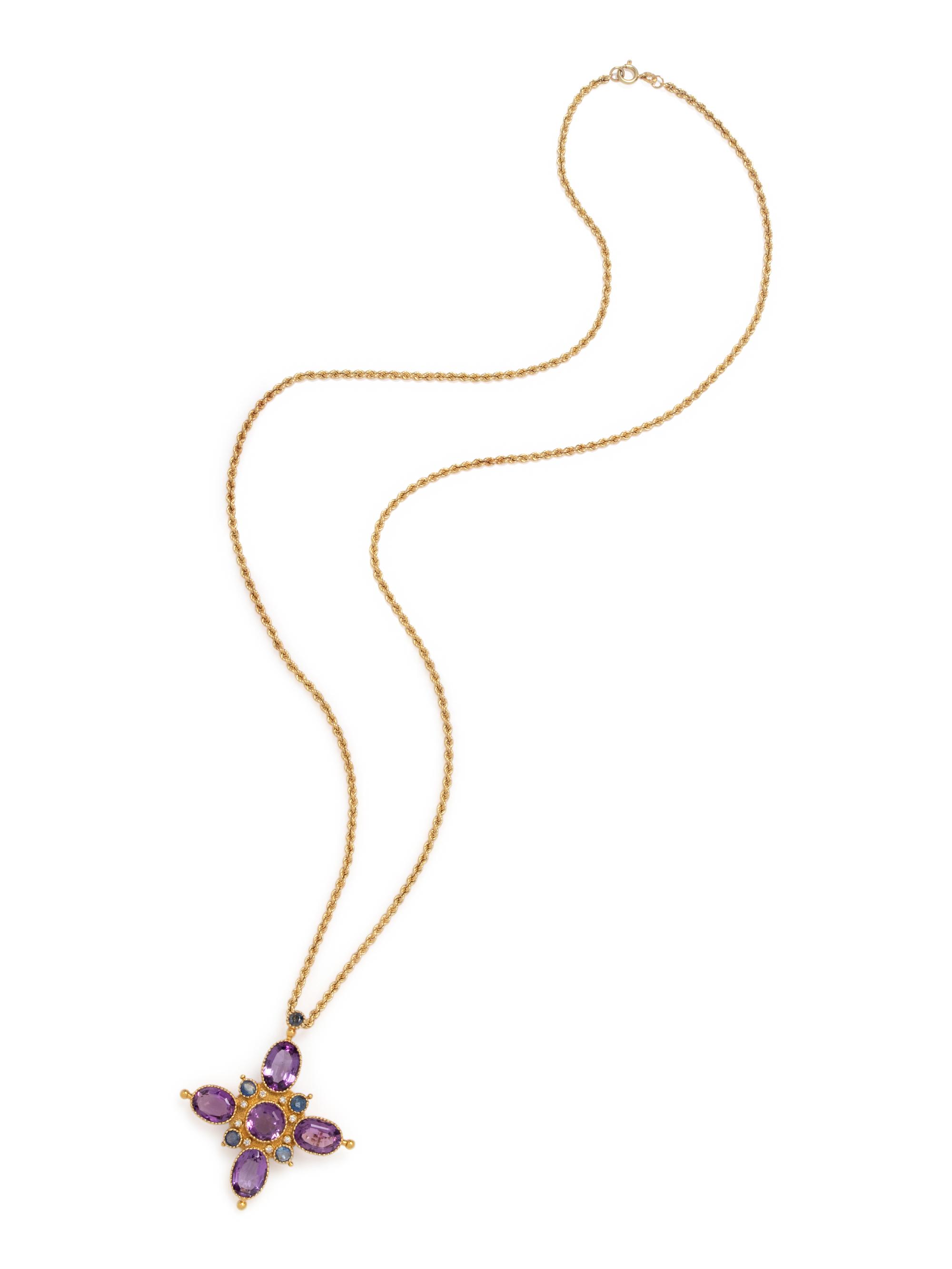 AMETHYST, SAPPHIRE AND DIAMOND PENDANT/BROOCH NECKLACE