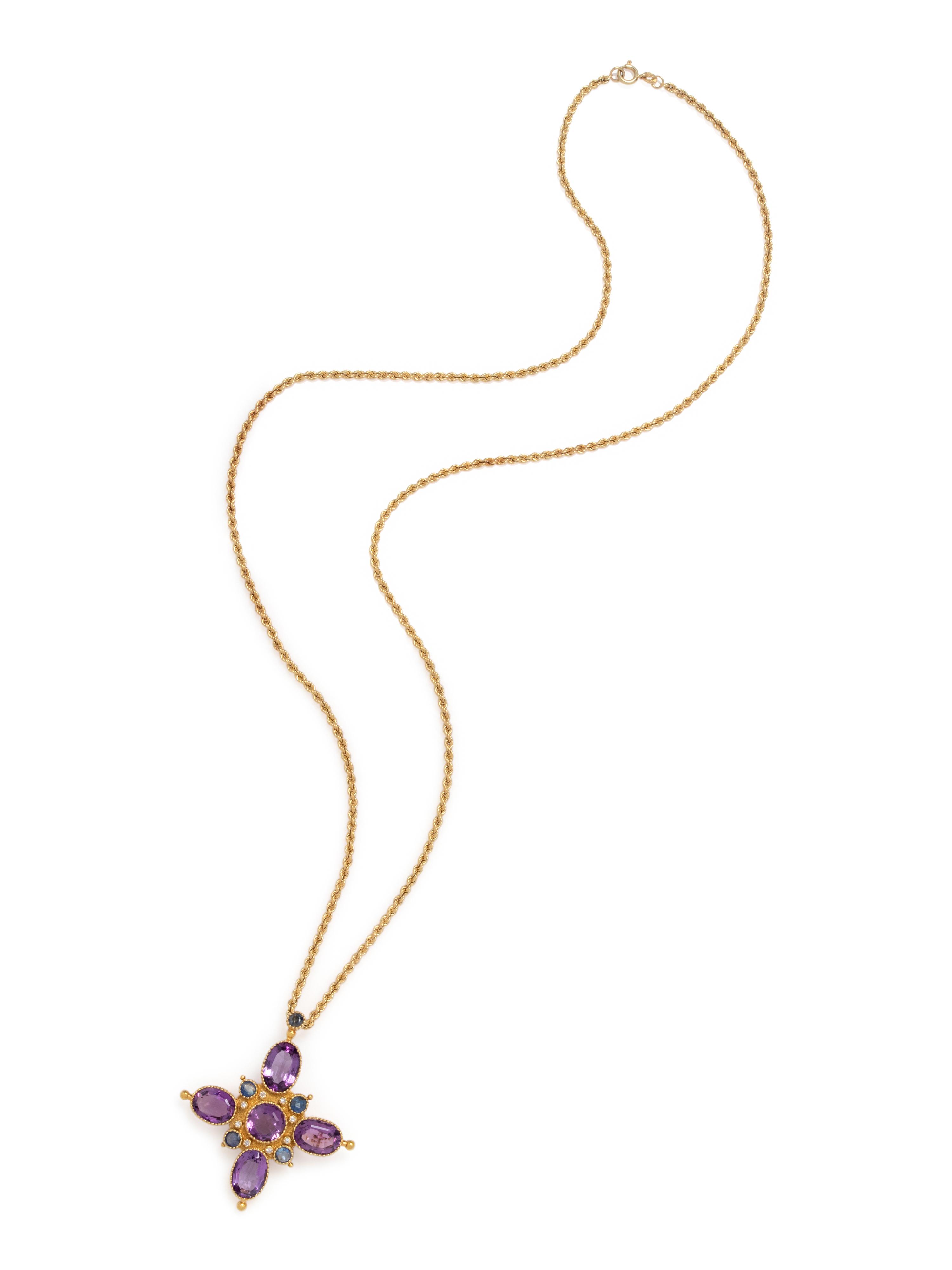 AMETHYST, SAPPHIRE AND DIAMOND PENDANT/BROOCH NECKLACE