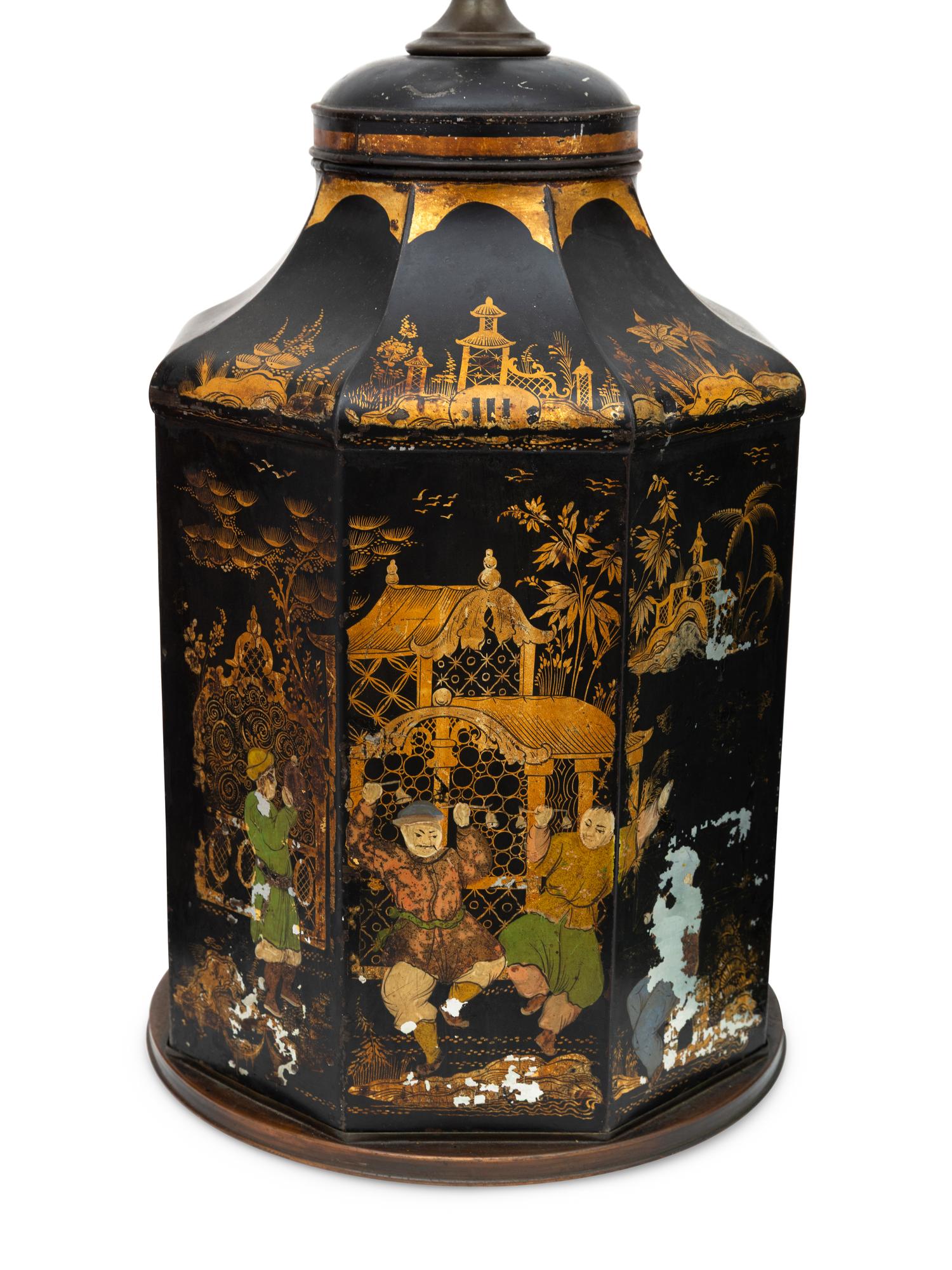 A Group of Three English Painted Tole Chinoiserie Tea Canisters