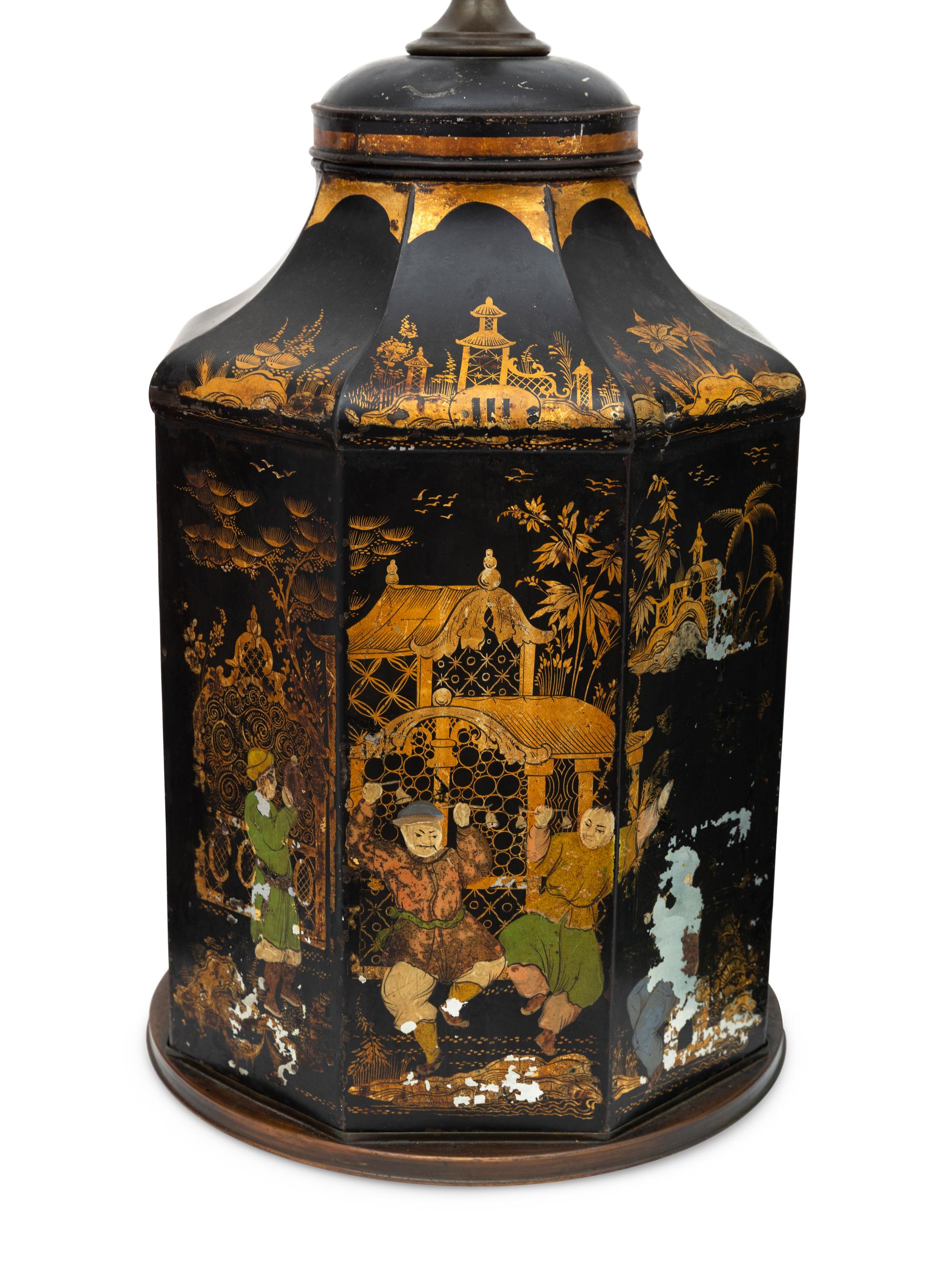 A Group of Three English Painted Tole Chinoiserie Tea Canisters