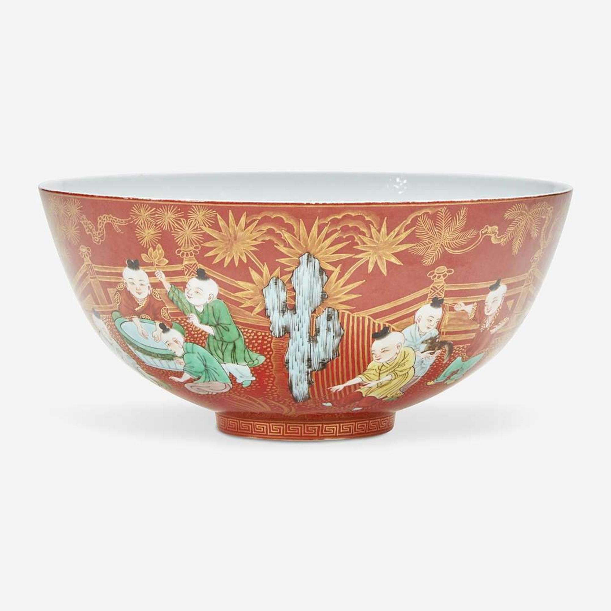 A Chinese famille verte coral-ground porcelain "Boys" bowl 五彩珊瑚地“童子”碗