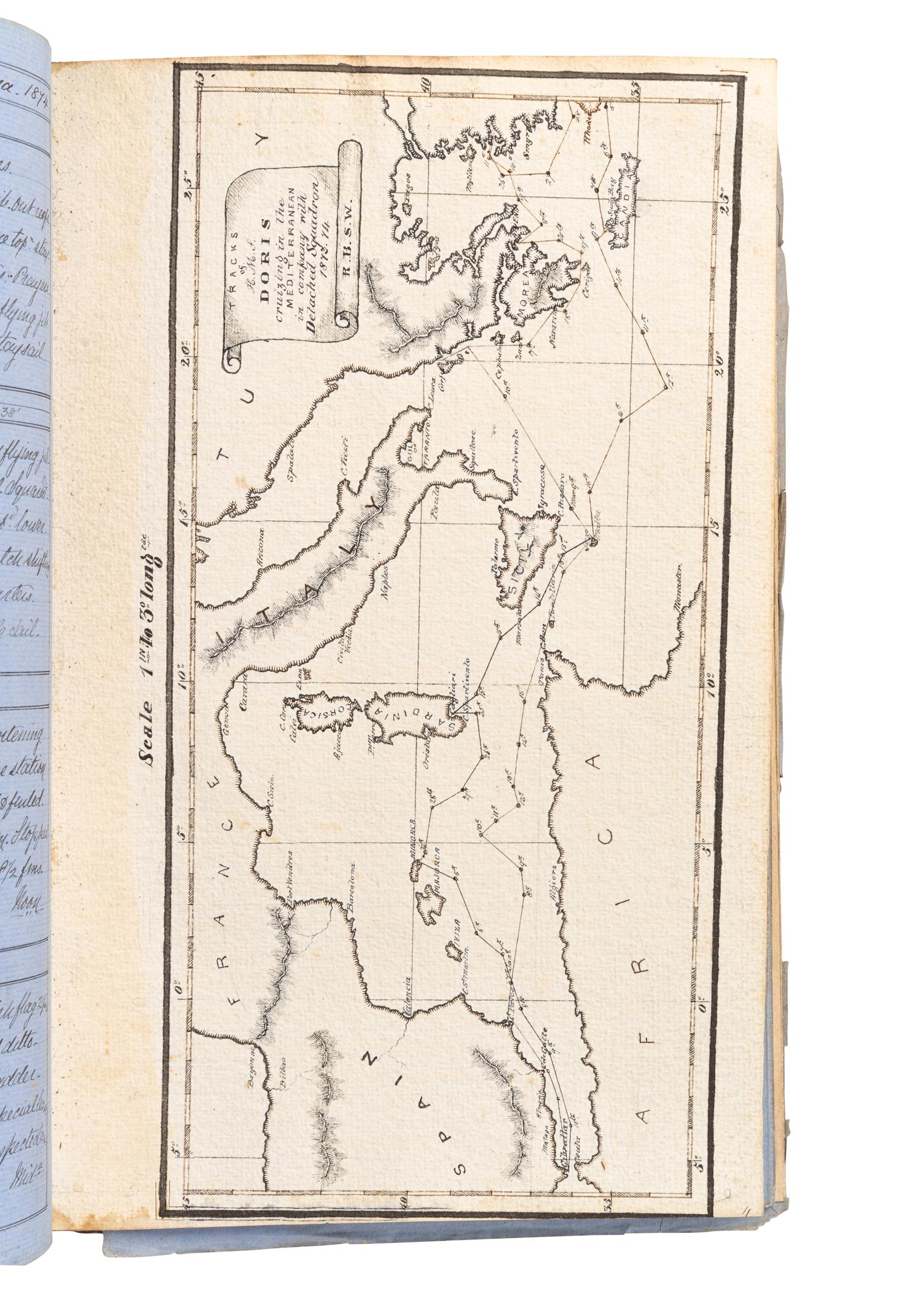 [NAVAL -- MANUSCRIPTS]. WREY, R. “Logs of HMS ‘Duke of Wellington’ Captain G. Hancock / ‘Inconstant’ Captain C. L. D. Waddilove. / ‘Doris’ Captain W. H. Edye…kept by R. Wrey [signed], Midshipman.” [1870-1876].