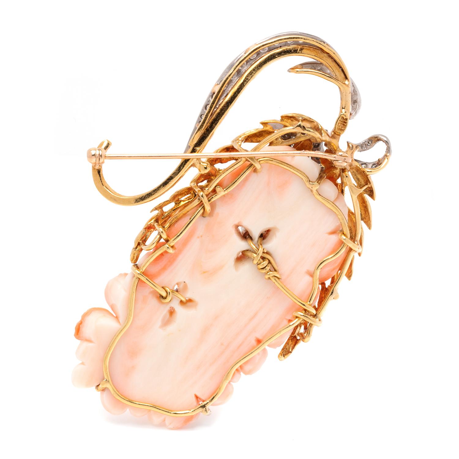 CORAL AND DIAMOND FLOWER BROOCH