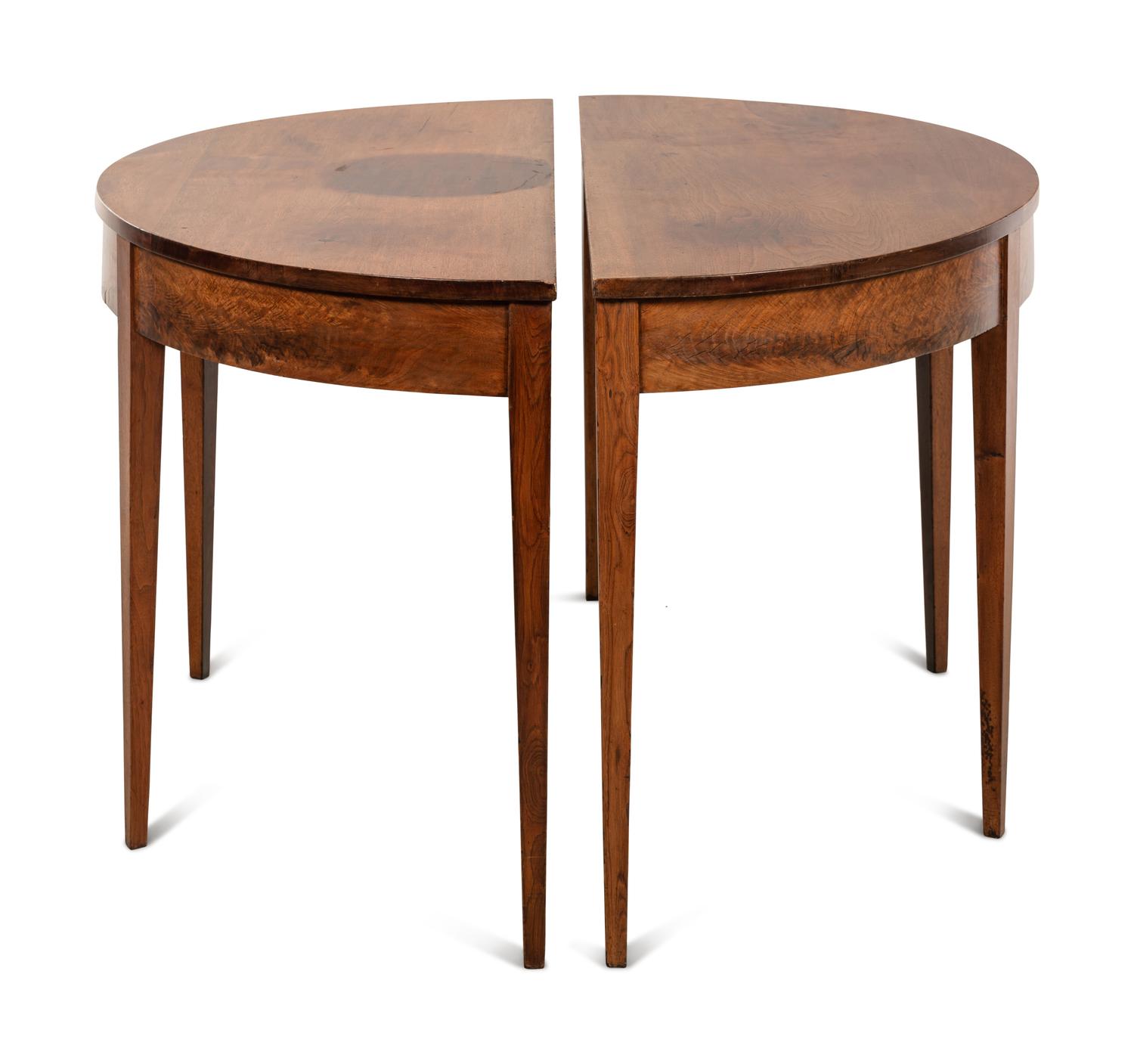 A Pair of George III Walnut Veneer Demilune Console Tables