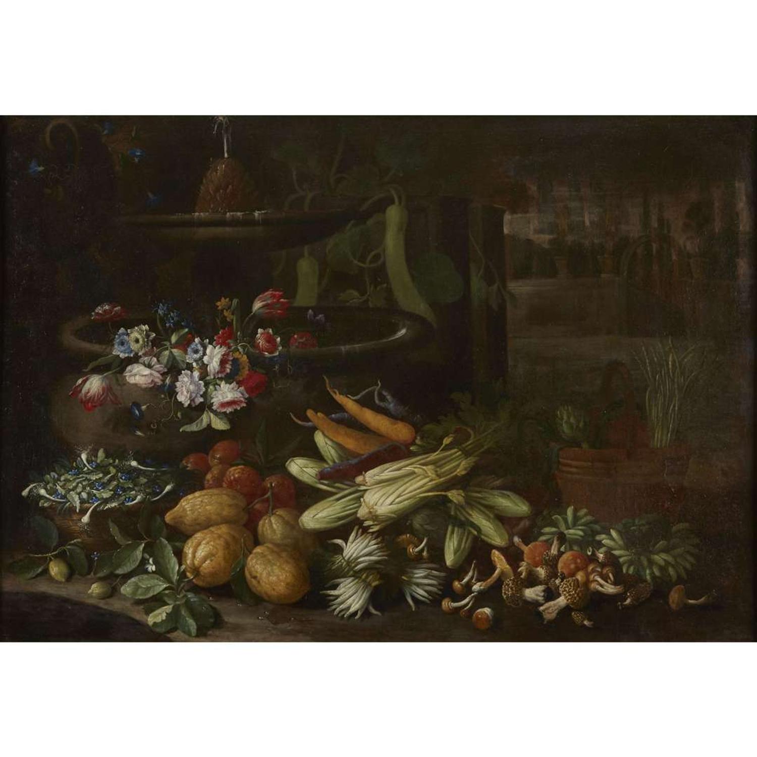 NEAPOLITAN SCHOOL (17TH CENTURY) STILL LIFE WITH FLOWERS, FRUITS AND VEGETABLES BESIDE A FOUNTAIN IN A VILLA GARDEN; TOGETHER WITH A COMPANION