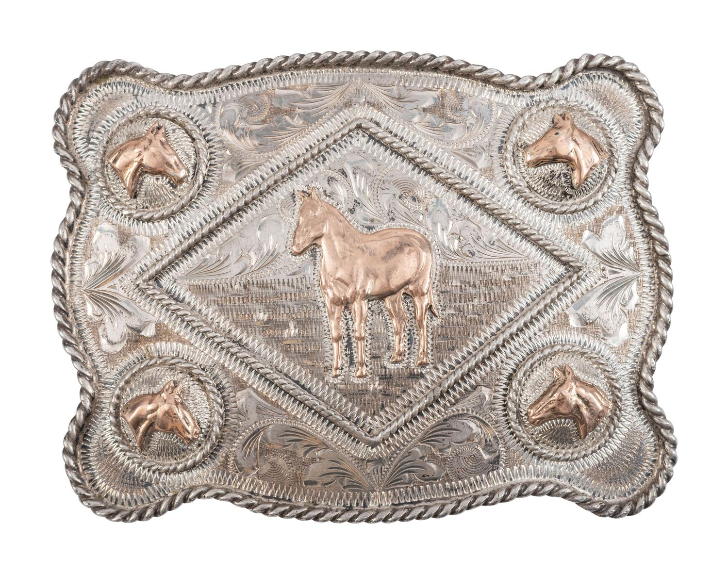 Mexican Sterling Silver and 10K Gold Horse Belt Buckle