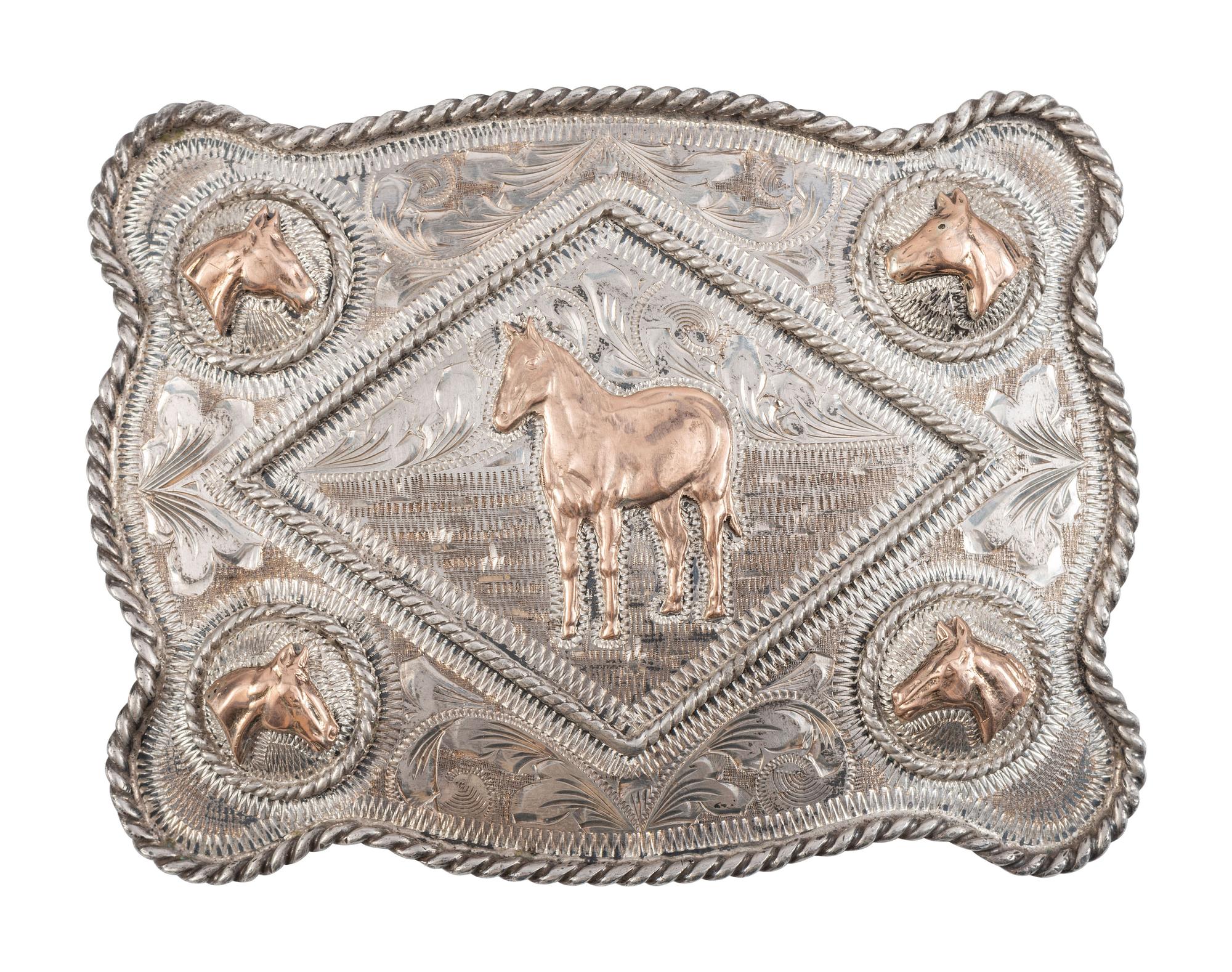 Mexican Sterling Silver and 10K Gold Horse Belt Buckle
