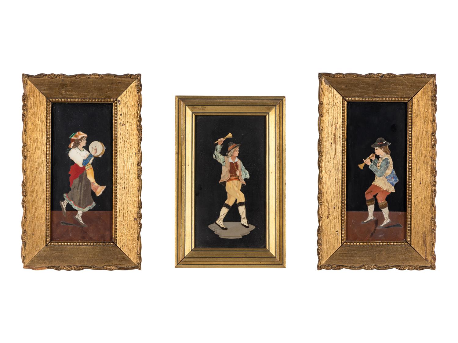 Three Framed Continental Pietra Dura Plaques Depicting Musicians