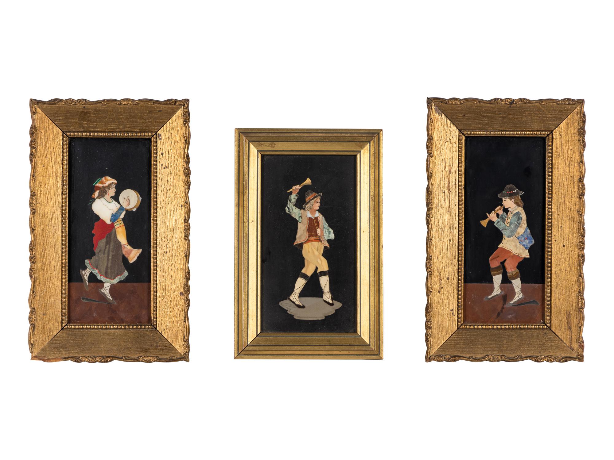 Three Framed Continental Pietra Dura Plaques Depicting Musicians