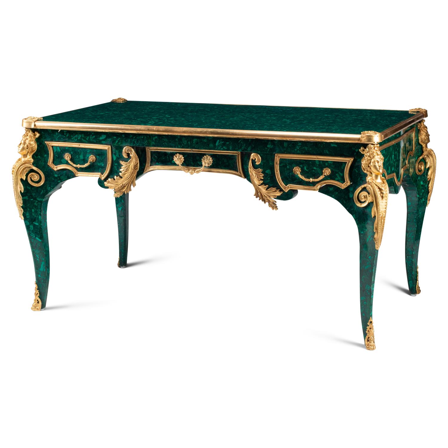 A Louis XV Style Gilt Bronze Mounted and Malachite Veneered Bureau Plat