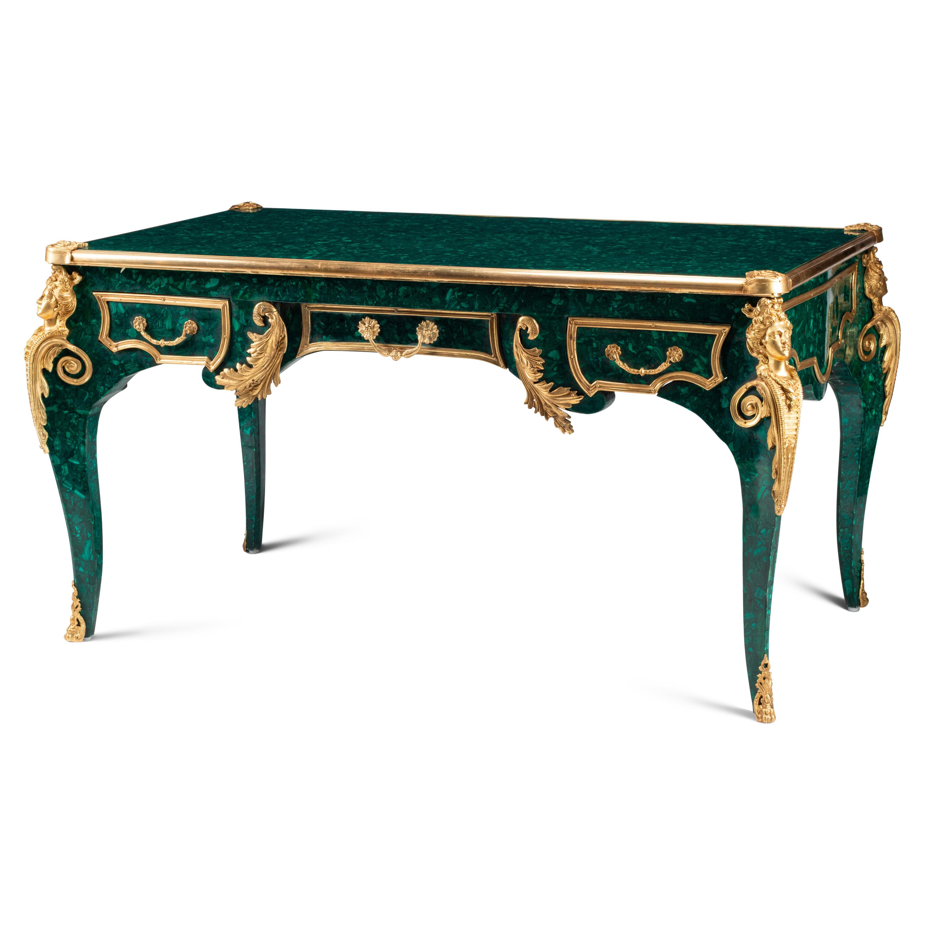 A Louis XV Style Gilt Bronze Mounted and Malachite Veneered Bureau Plat
