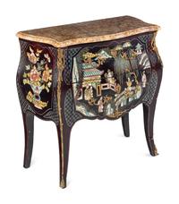 A Louis XVI Style Gilt Metal Mounted Lacquered Marble-Top Commode