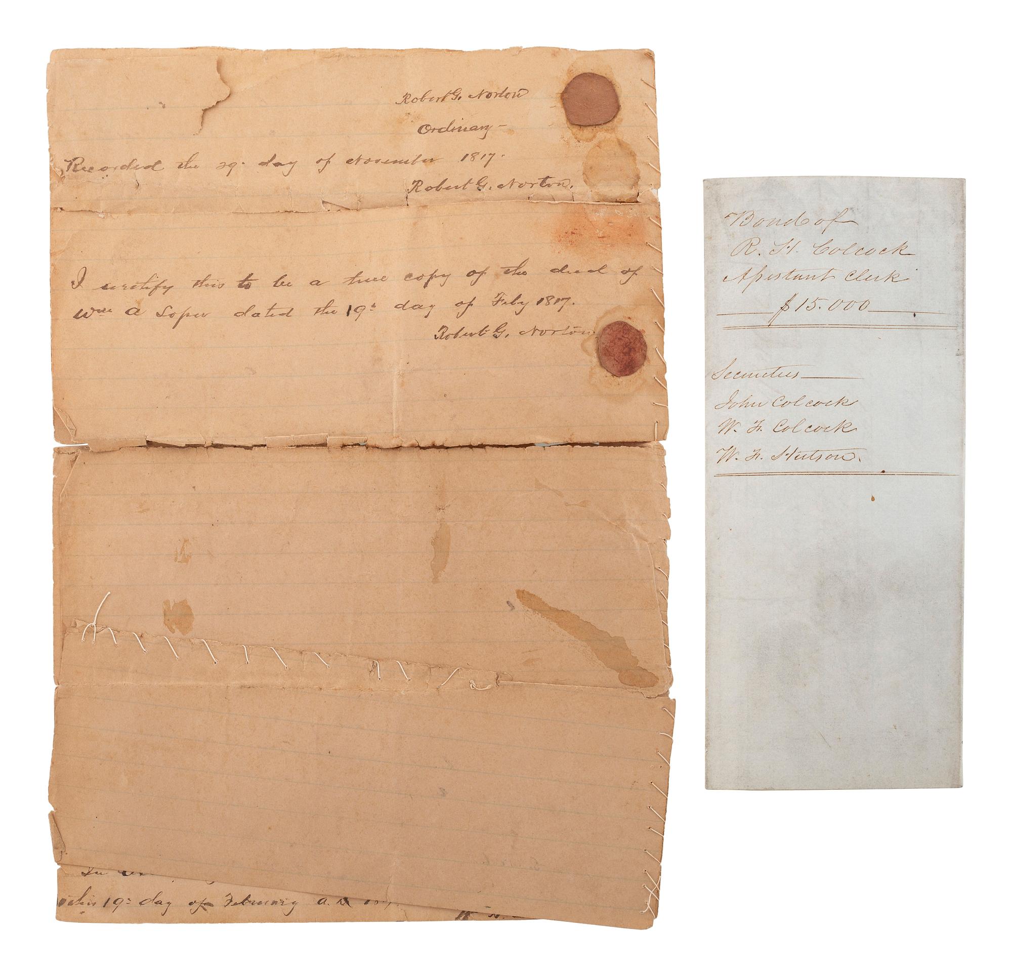 [SLAVERY & ABOLITION]. Manuscript deed of trust bequeathing seven enslaved men, women, and their children. Beaufort District, SC, 19 February 1817.