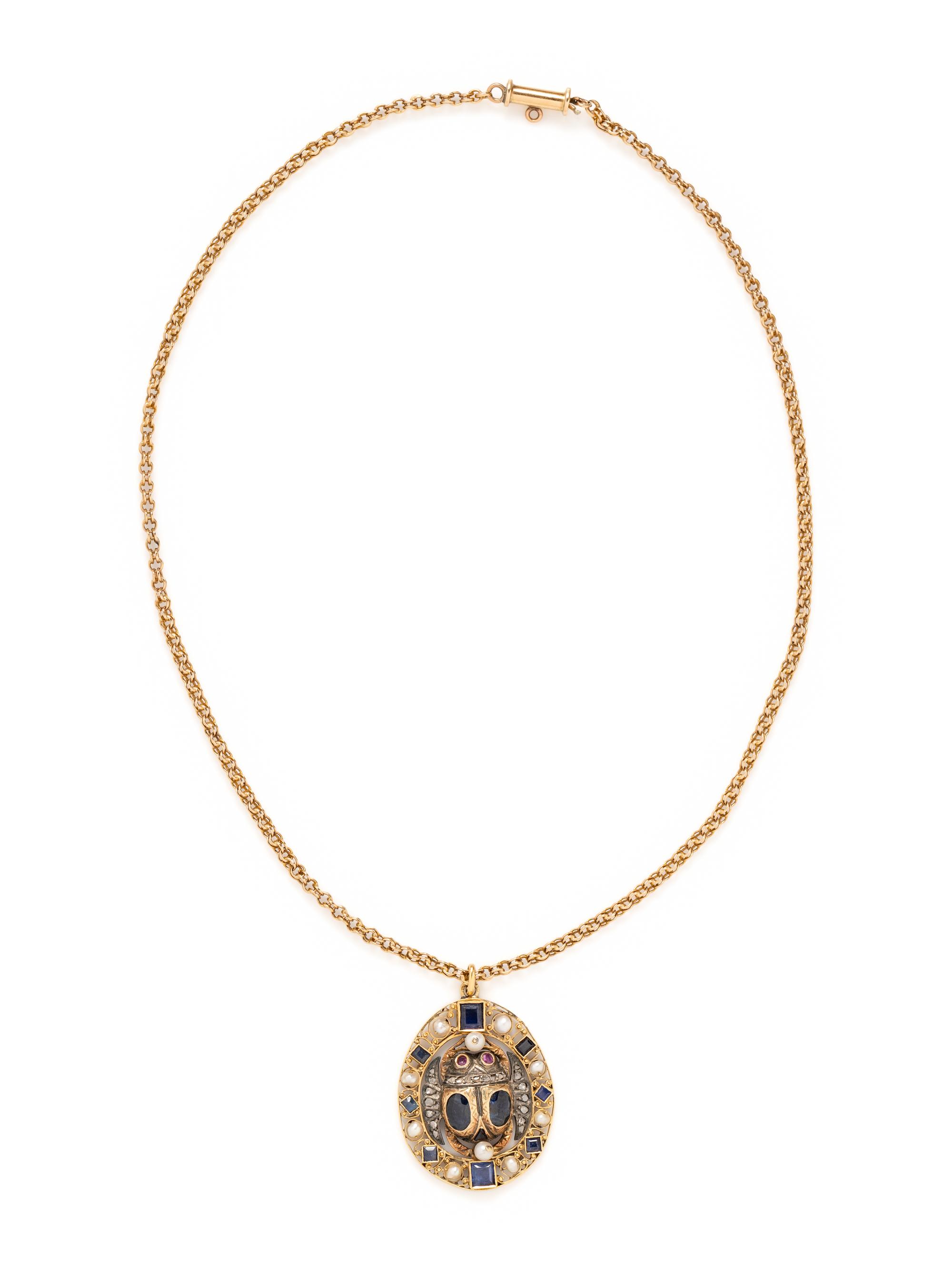 GEMSTONE, PEARL AND DIAMOND SCARAB PENDANT/NECKLACE