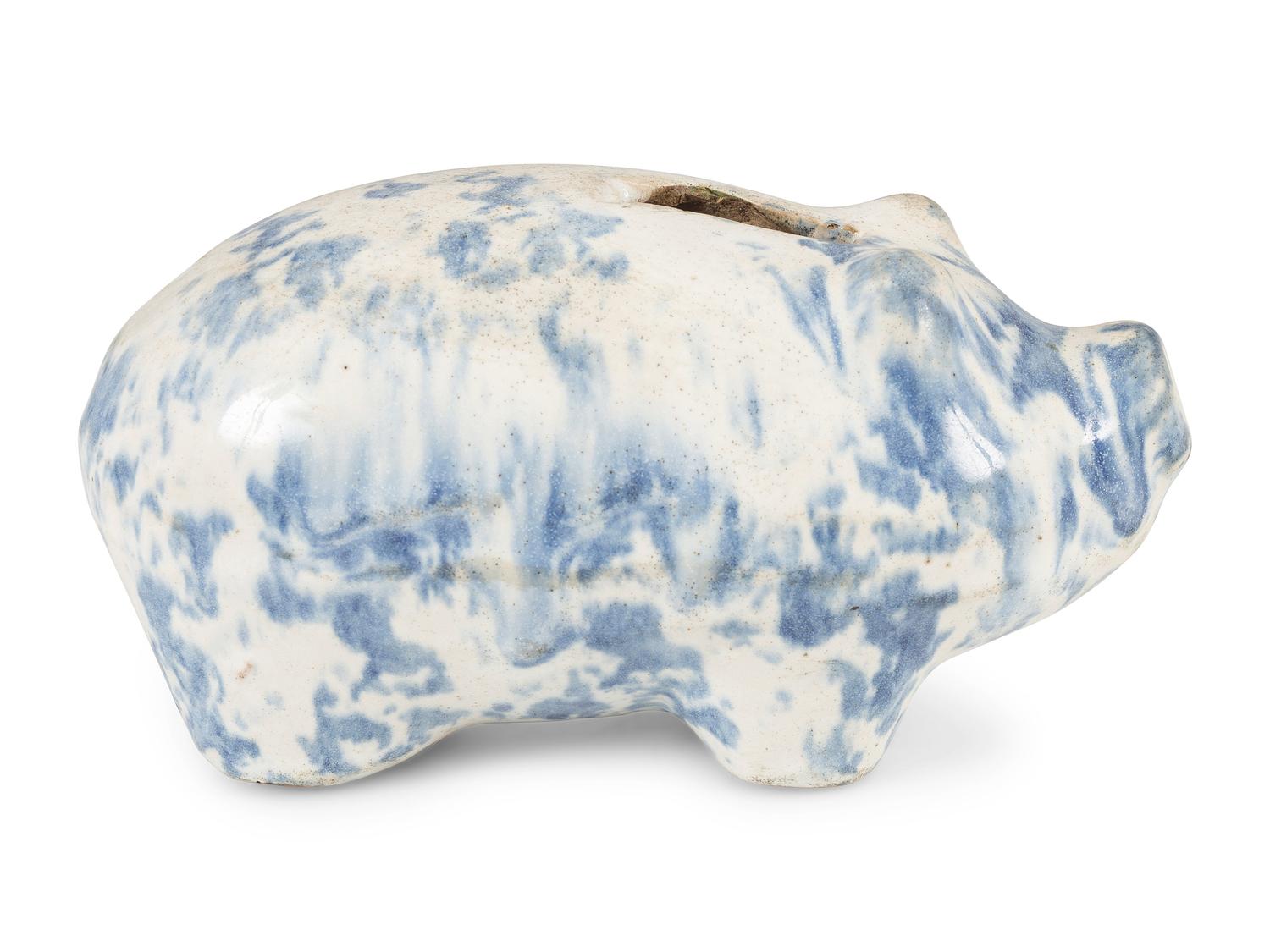 An Ohio Blue Sponge Painted Pitcher and Pig Bank