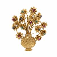 YELLOW GOLD AND MULTIGEM 'EN TREMBLANT' FLOWER BROOCH