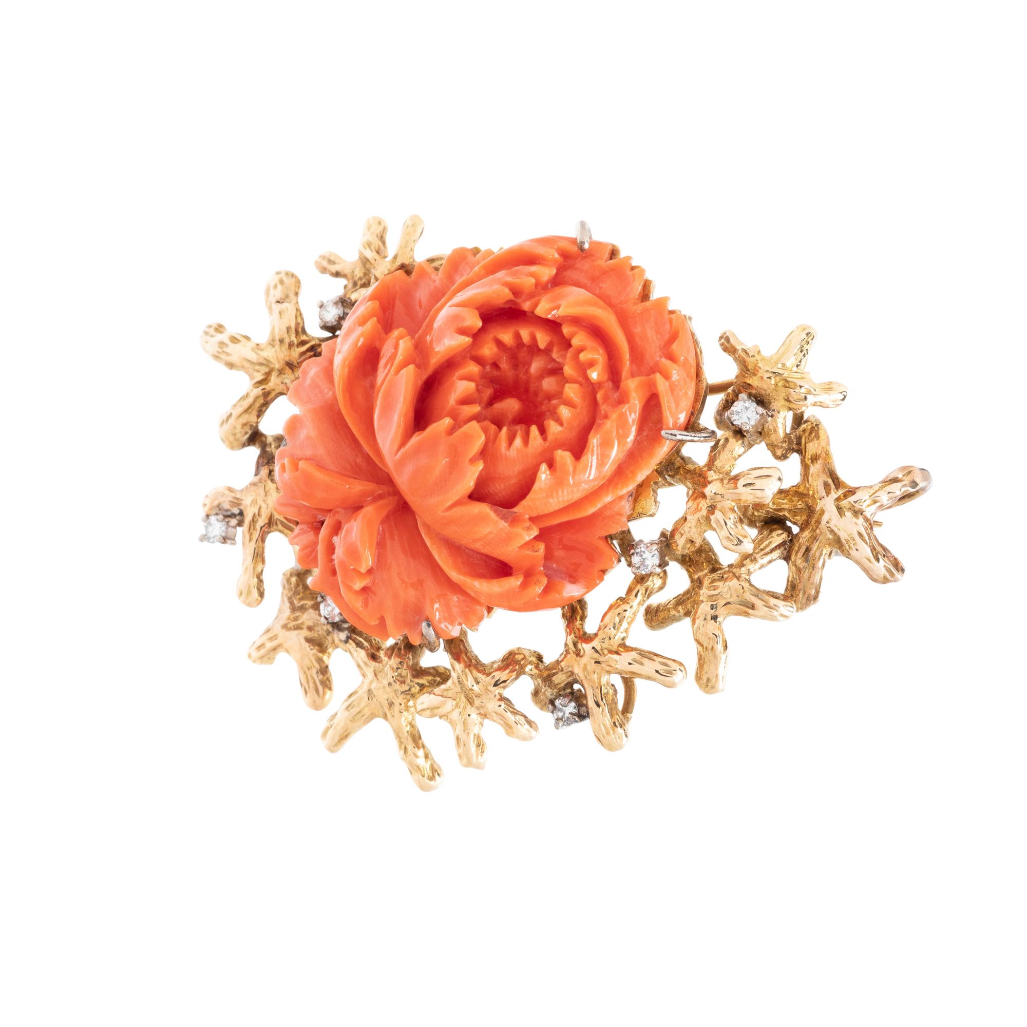 YELLOW GOLD, CORAL AND DIAMOND FLOWER BROOCH
