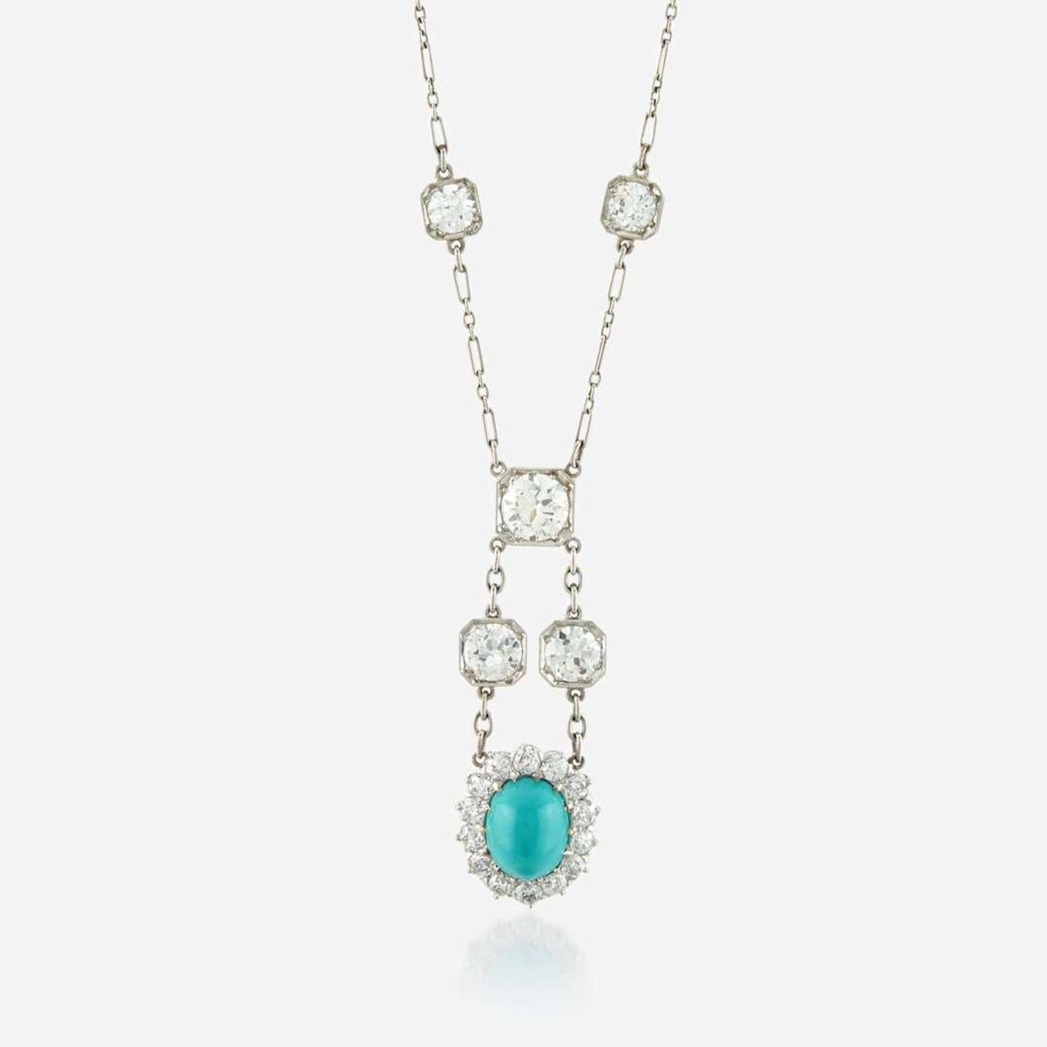 An Art Deco turquoise, diamond, and platinum necklace
