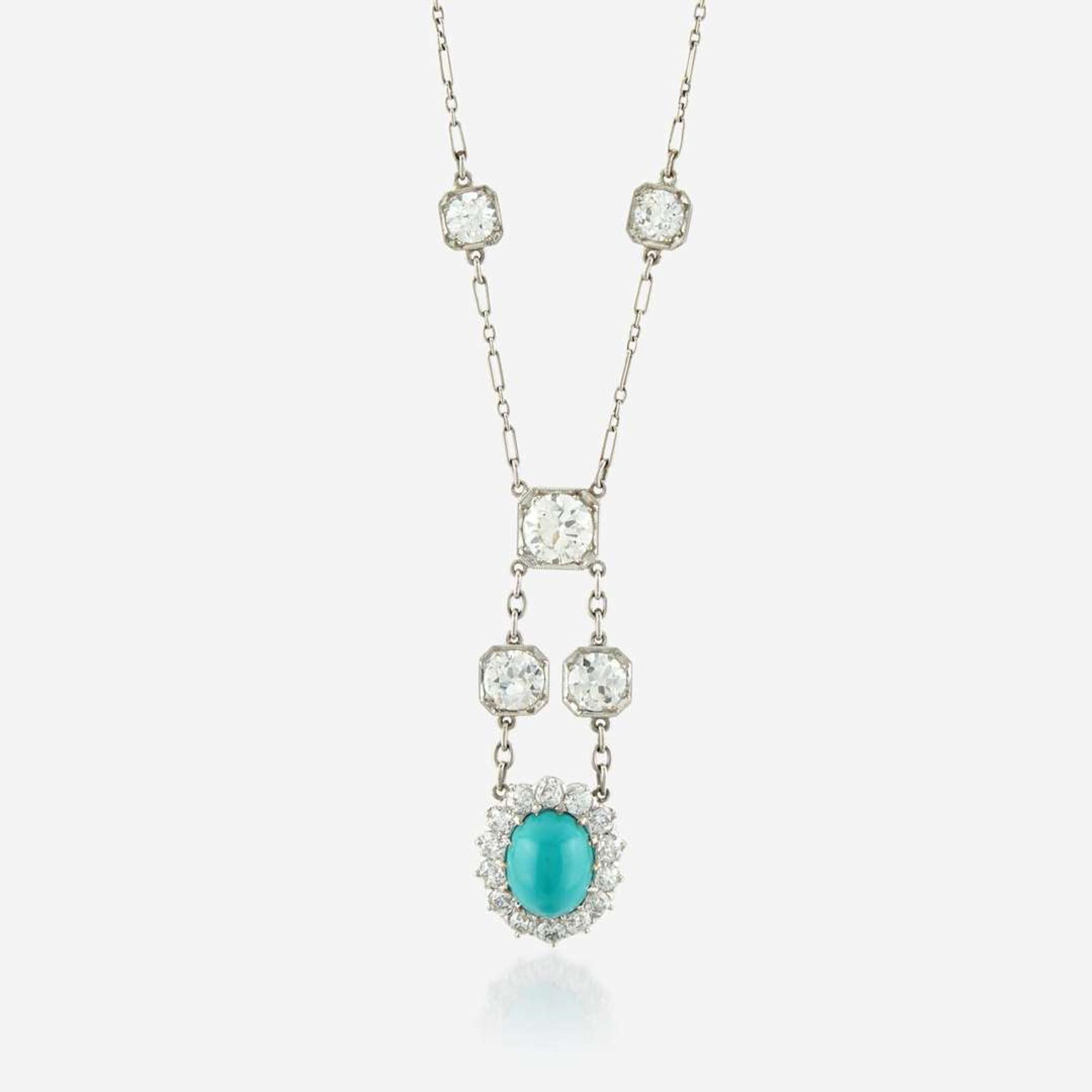 An Art Deco turquoise, diamond, and platinum necklace