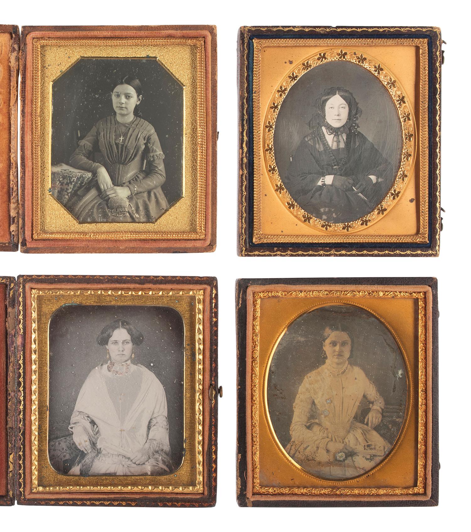 [EARLY PHOTOGRAPHY]. 15 sixth plate daguerreotypes featuring women posed with fans, purses, floral arrangements, and other objects.