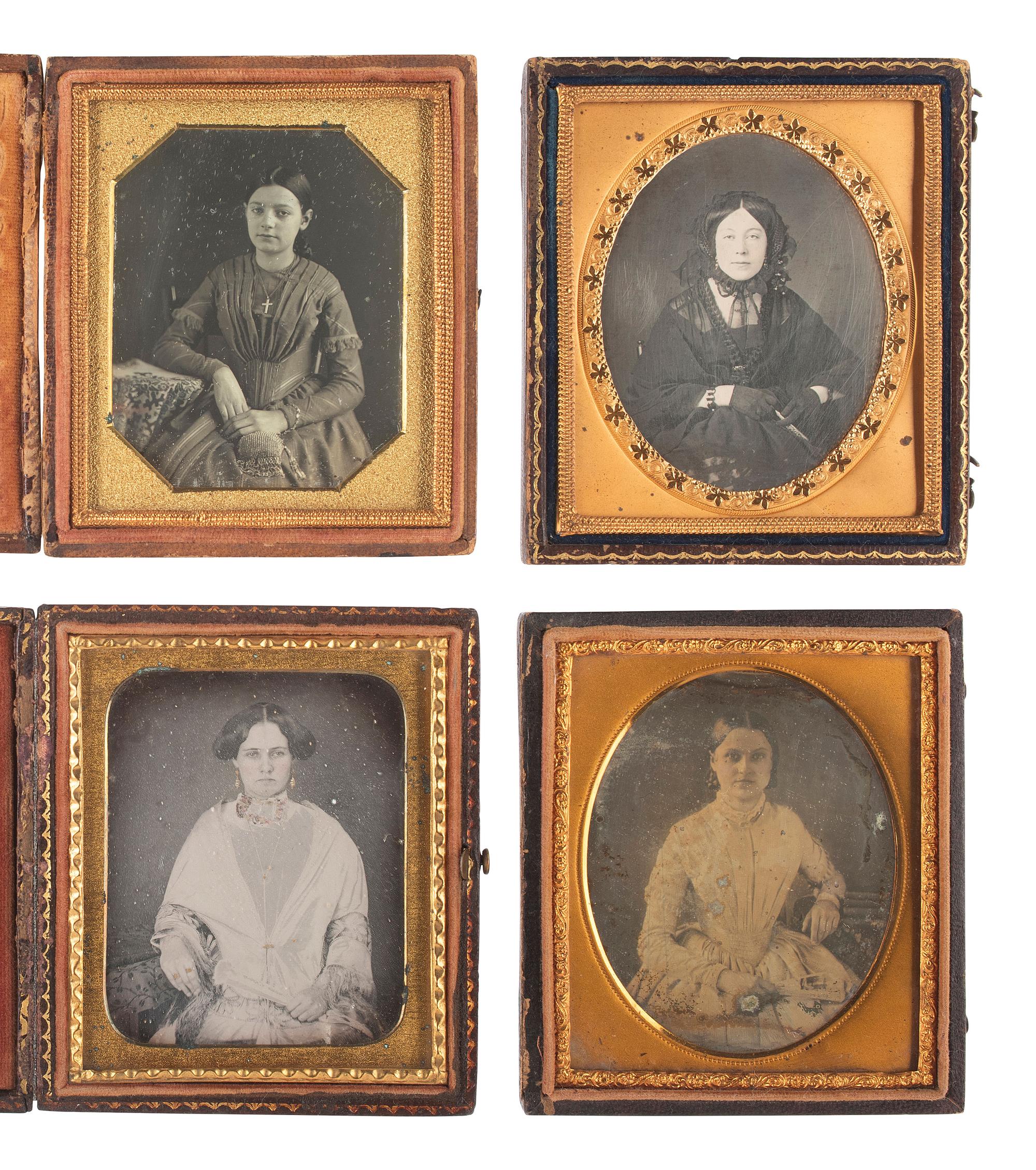 [EARLY PHOTOGRAPHY]. 15 sixth plate daguerreotypes featuring women posed with fans, purses, floral arrangements, and other objects.