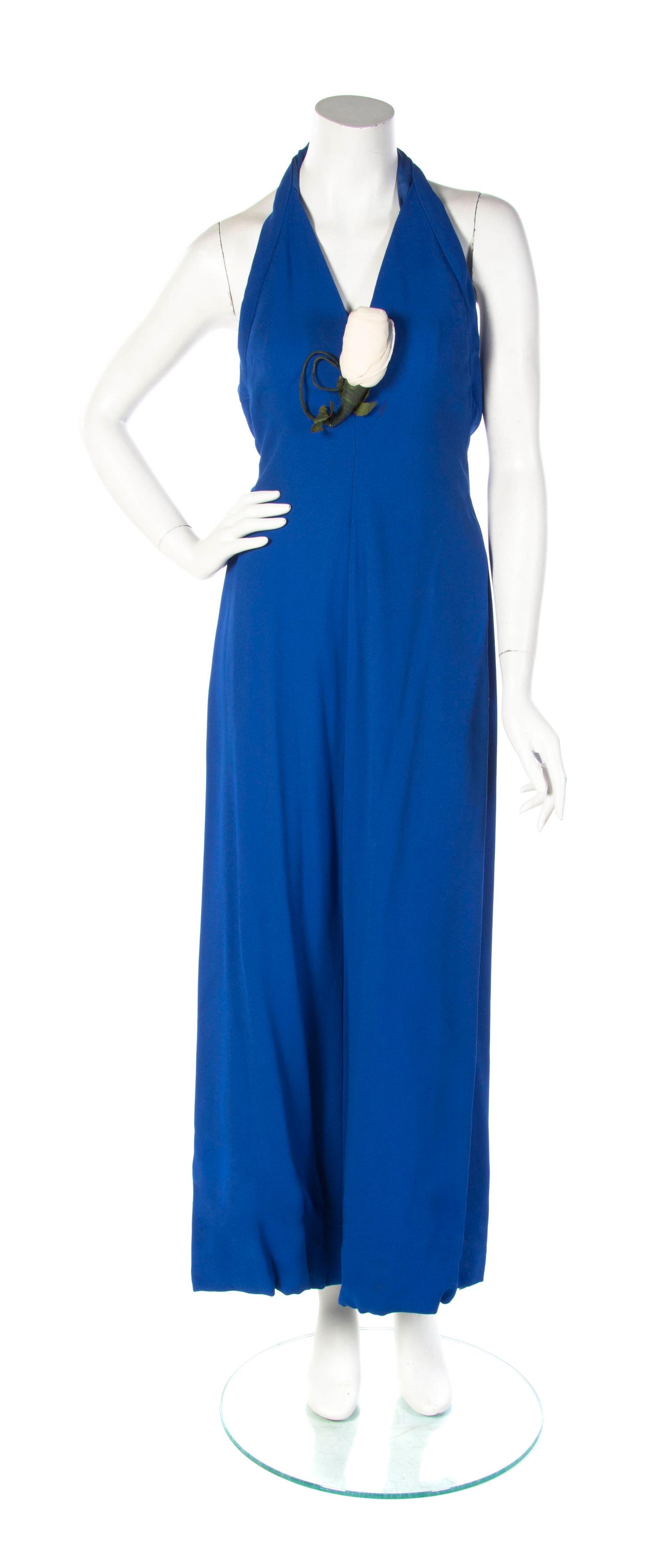 A Christian Dior Blue Wool Halter Gown, Size 8.