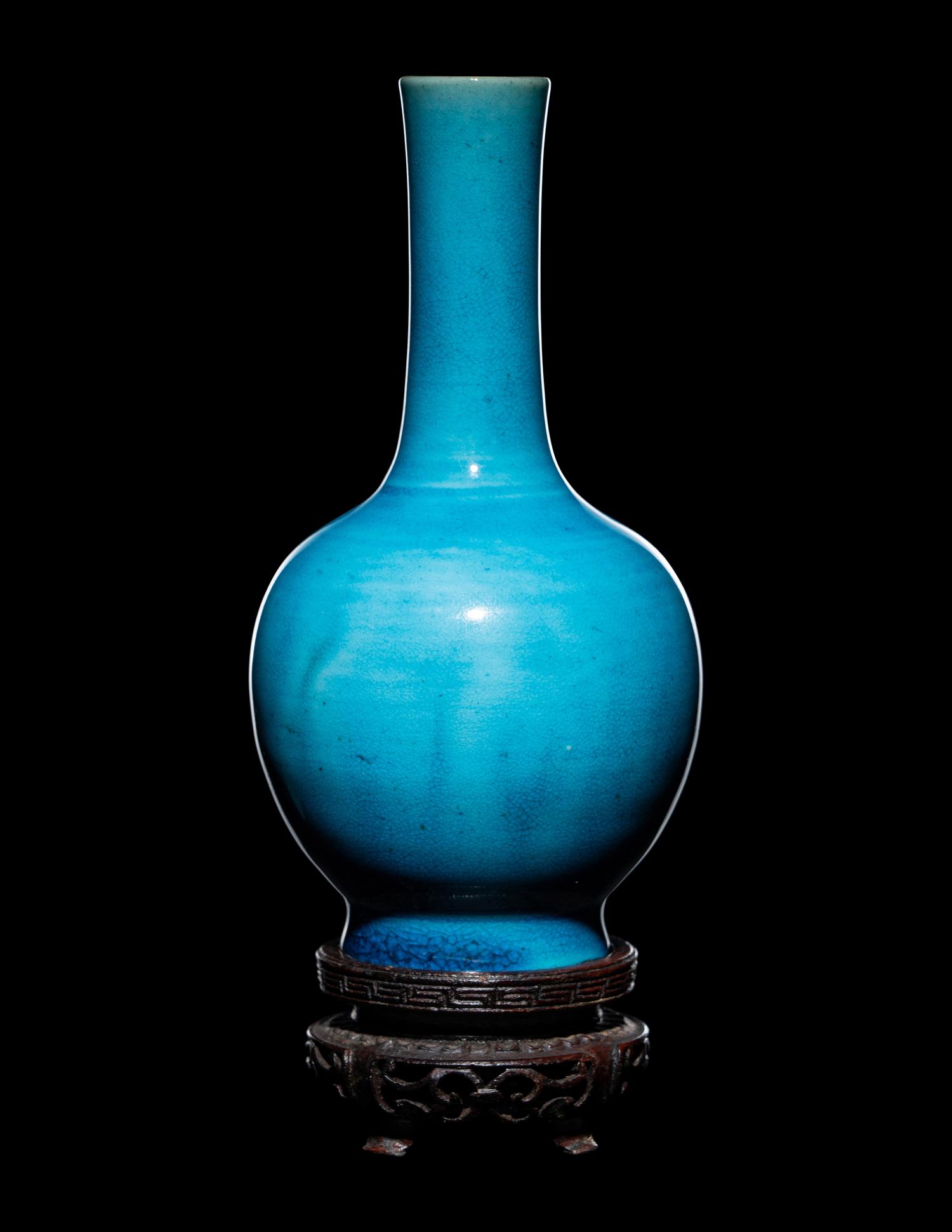A Pair of Chinese Turquoise Glazed Porcelain Bottle Vases