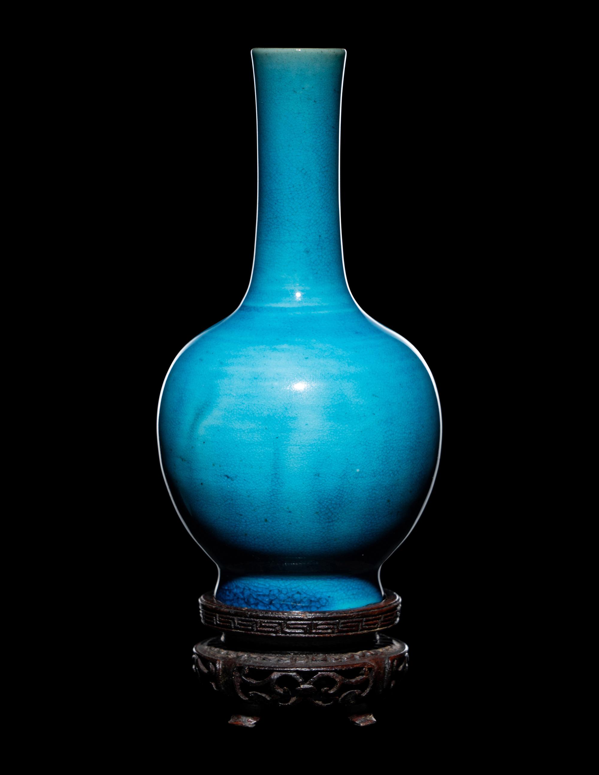 A Pair of Chinese Turquoise Glazed Porcelain Bottle Vases
