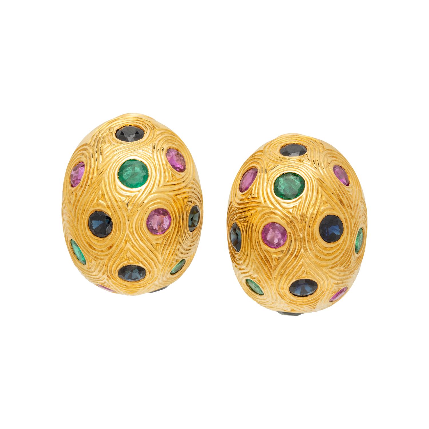 RUBY, EMERALD, AND SAPPHIRE CLIP EARRINGS