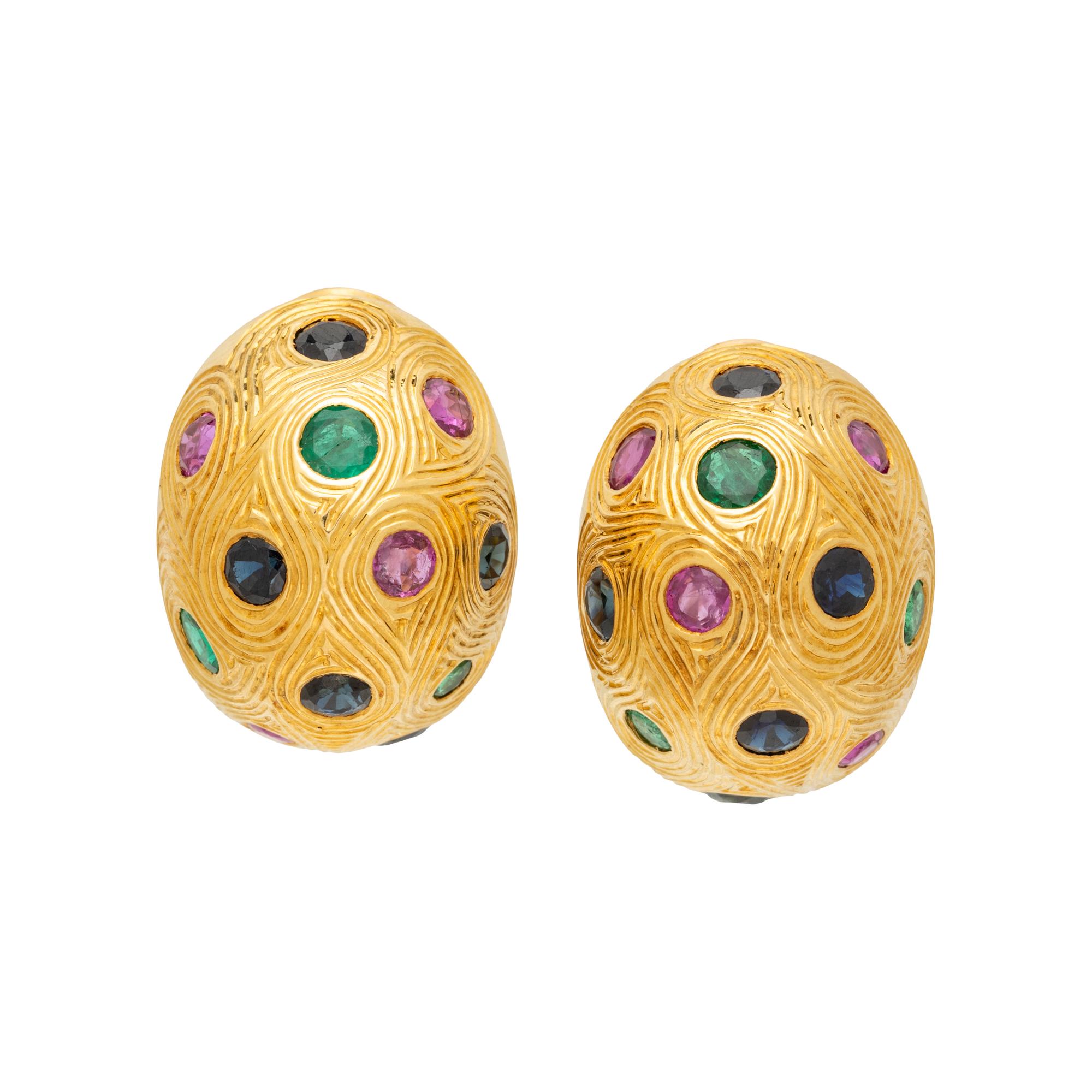 RUBY, EMERALD, AND SAPPHIRE CLIP EARRINGS