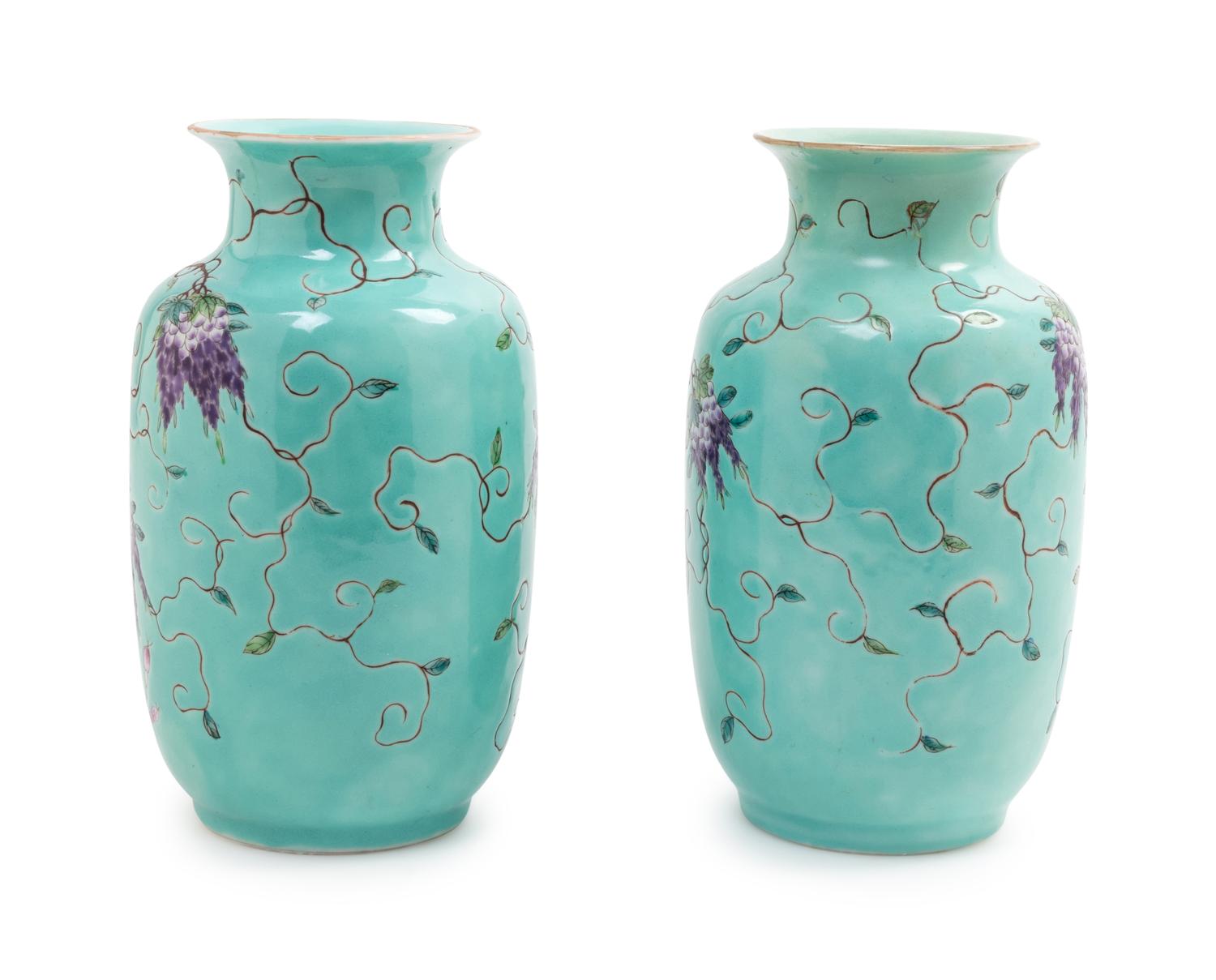 A Pair of Turquoise Ground Famille Rose Vases
