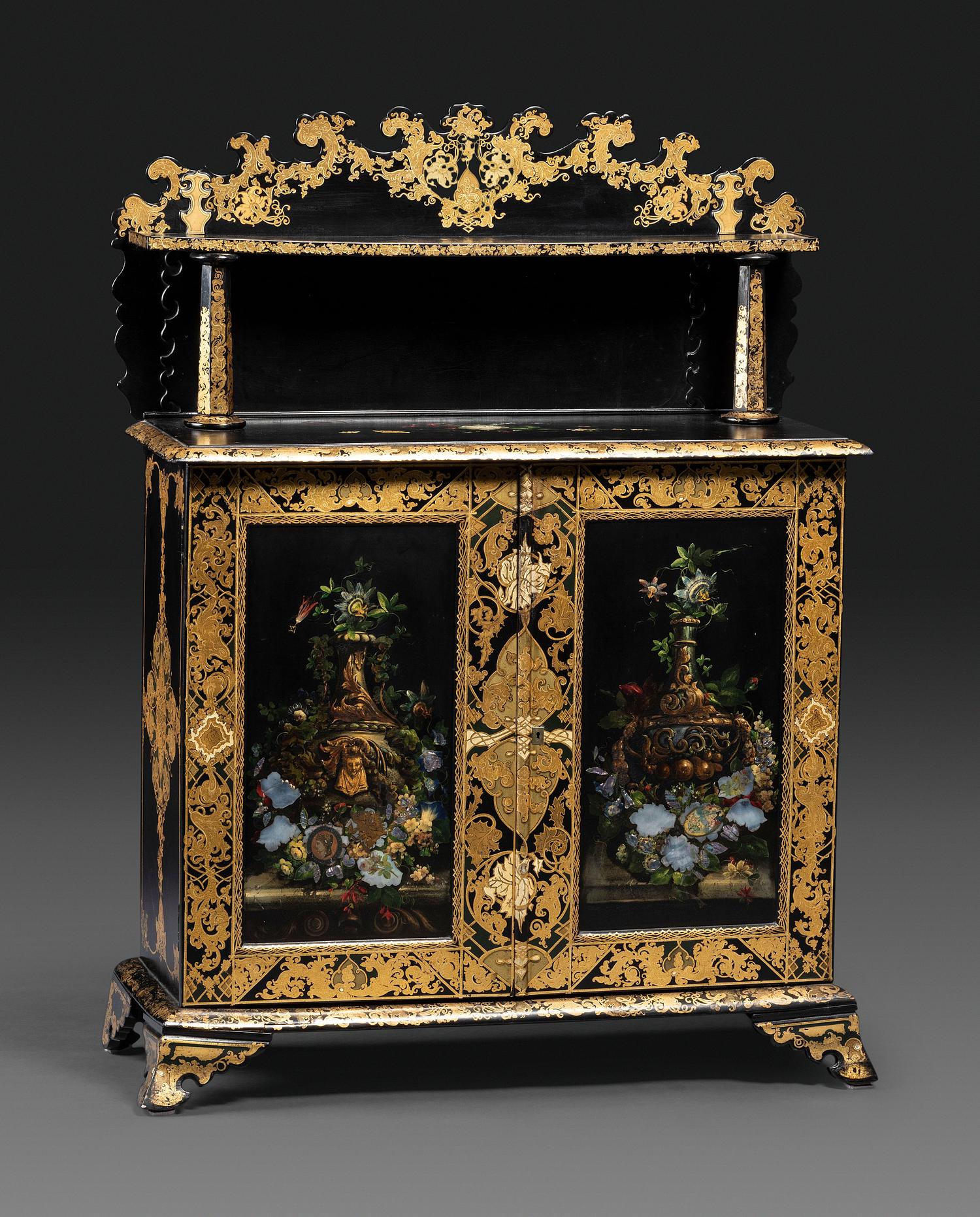 A Victorian Black Lacquered, Parcel Gilt and Mother-of-Pearl Inlaid Sideboard