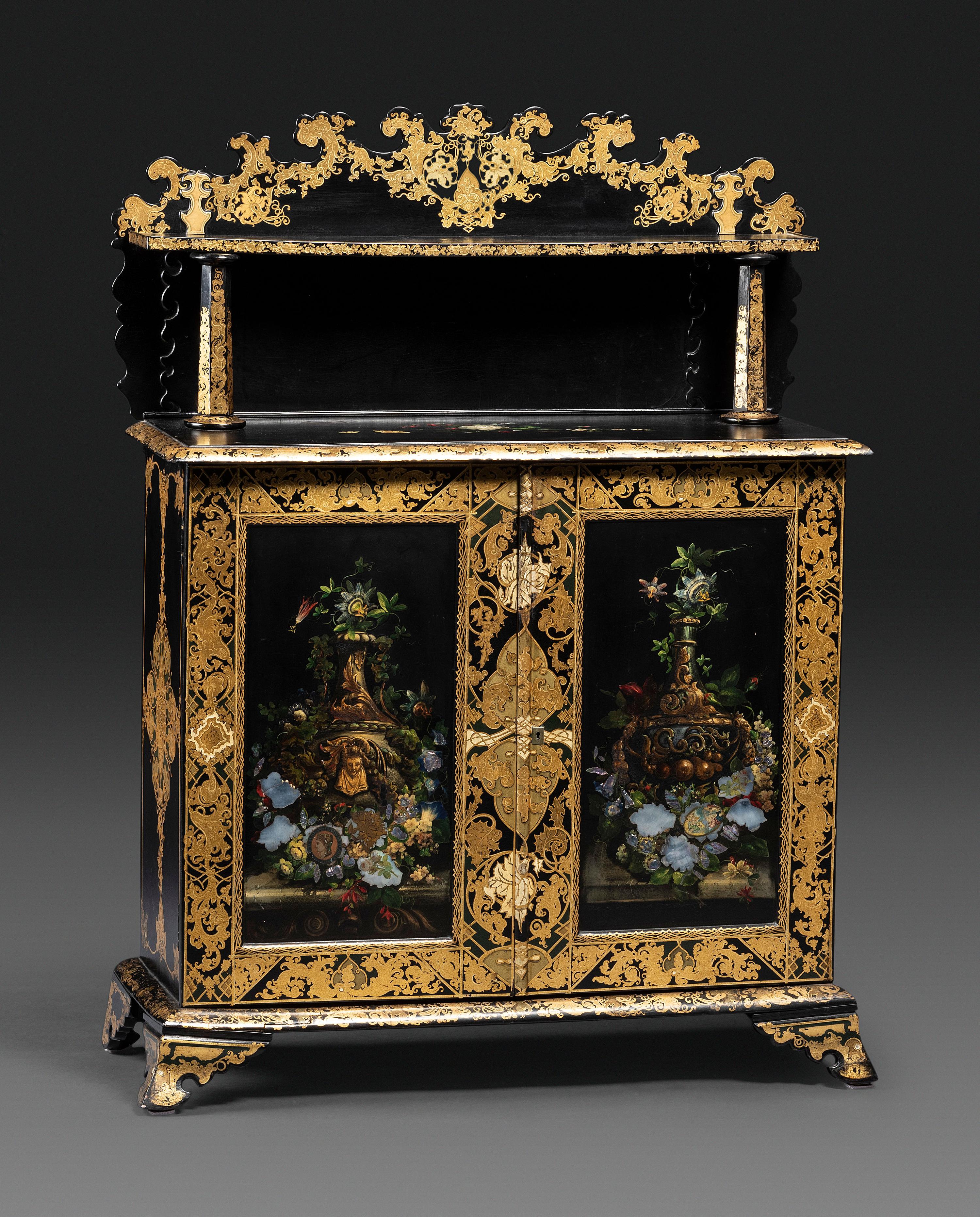 A Victorian Black Lacquered, Parcel Gilt and Mother-of-Pearl Inlaid Sideboard