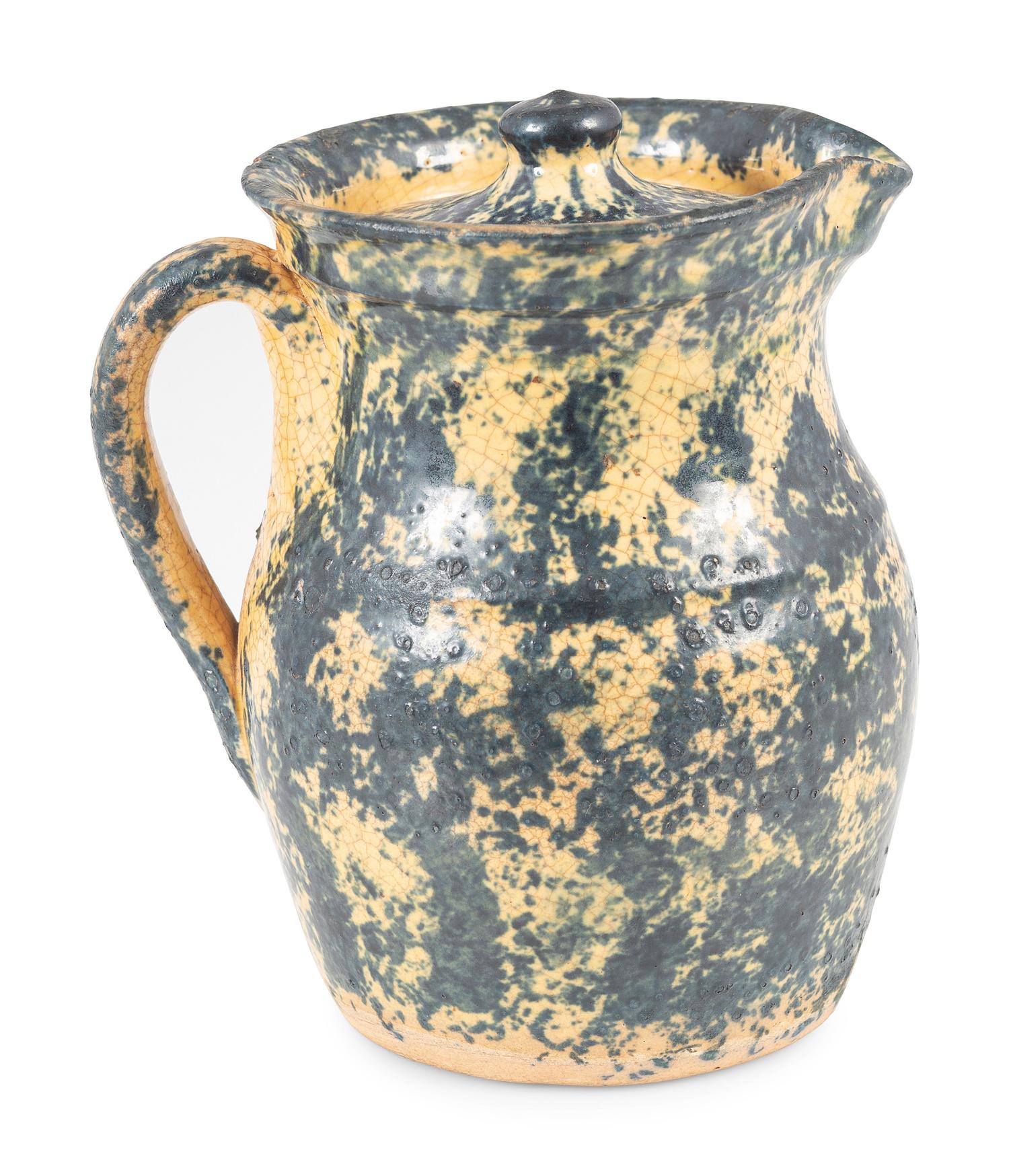 An Ohio Blue Sponge Painted Pitcher and Pig Bank