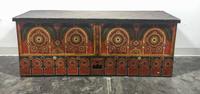 A Northern European Painted Bench. Height 20 1/2 x width 51 3/4 x depth 14 3/4 inches.