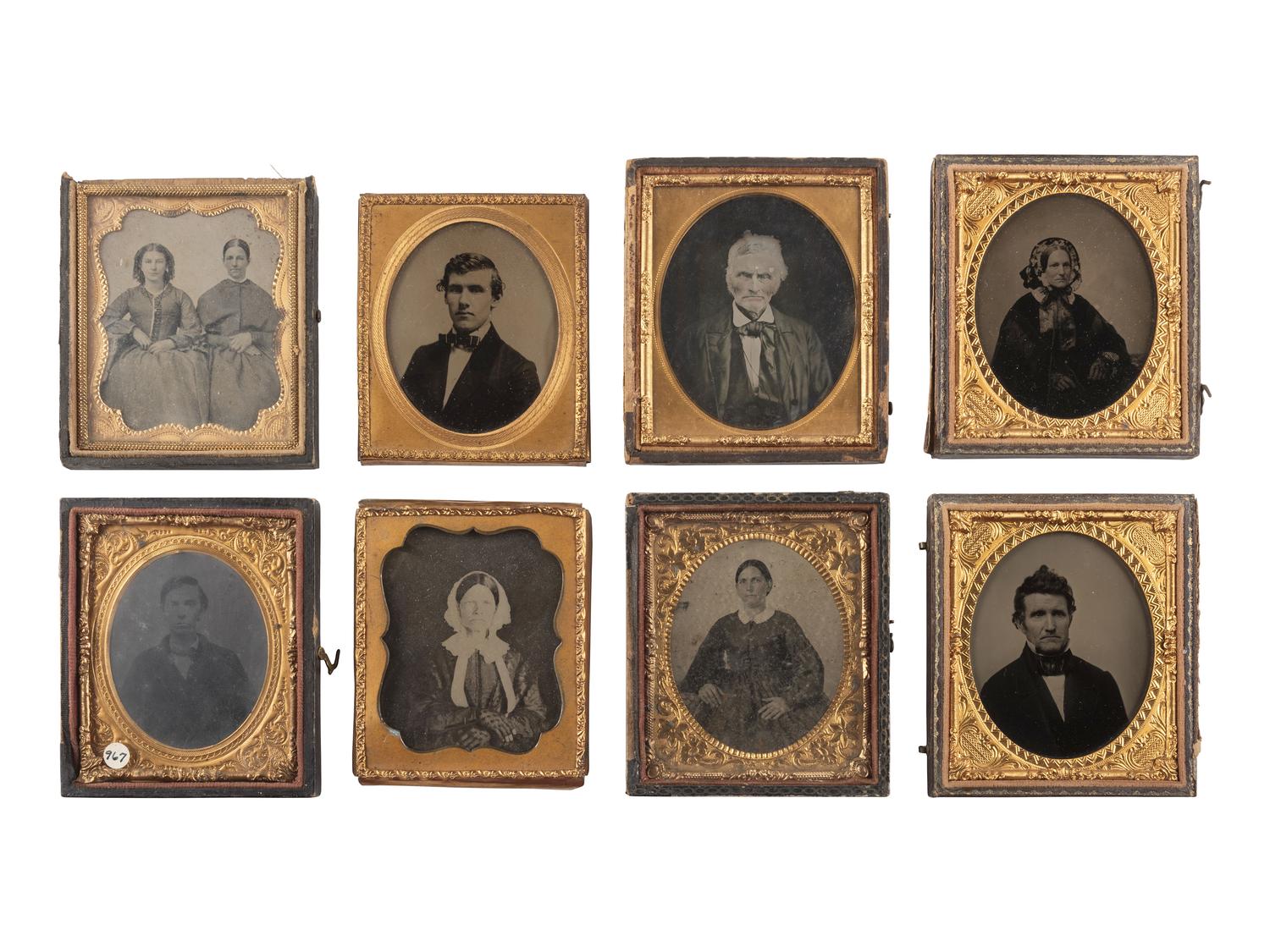 [EARLY PHOTOGRAPHY]. 38 sixth plate ambrotype and tintype portraits of men, women, and children.