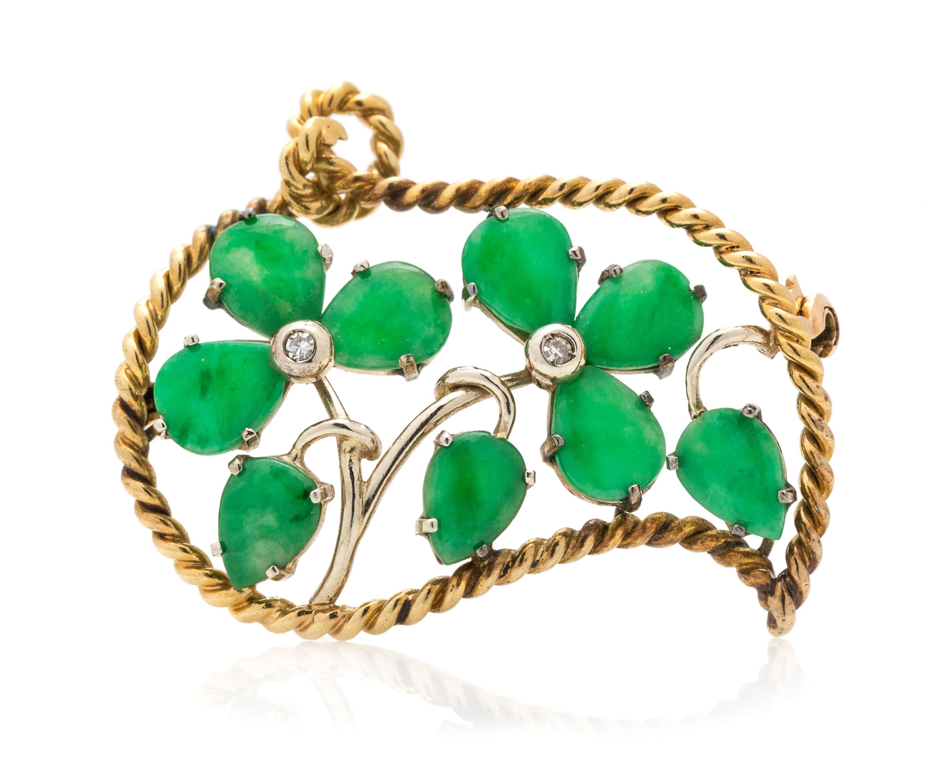 A Yellow Gold, Jade and Diamond Brooch, 4.50 dwts.