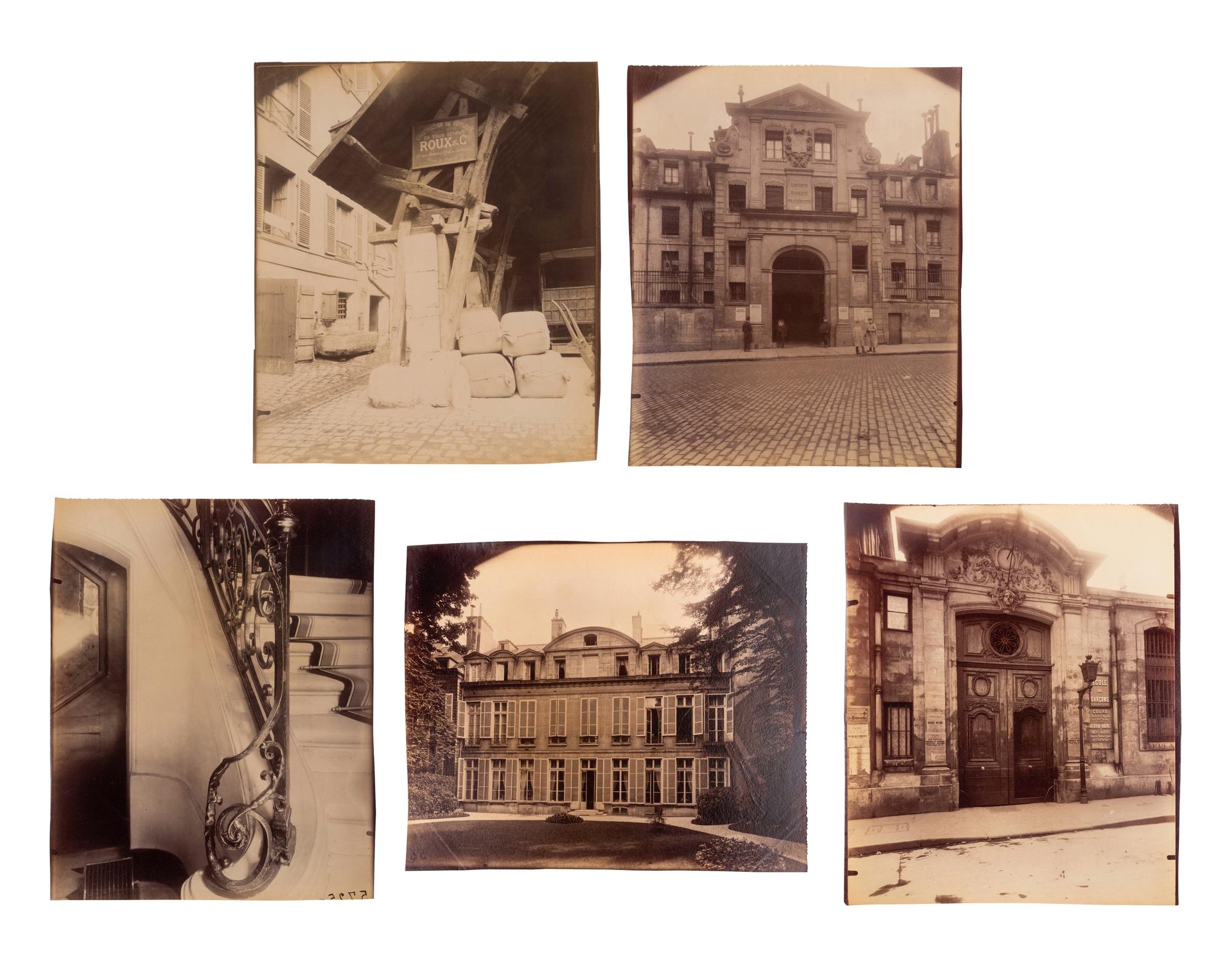 A group of five photographs ( Auberge du Compas d'Or, rue Montorgueil; Façade Saint-Lazare, faubourg Saint-Denis 107; Folie Thoinard, 9 rue Coq-Héron; Hôtel d'Imbercourt, 15 rue de l'Universite; Hôtel de Vendôme, rue Béranger 3 )