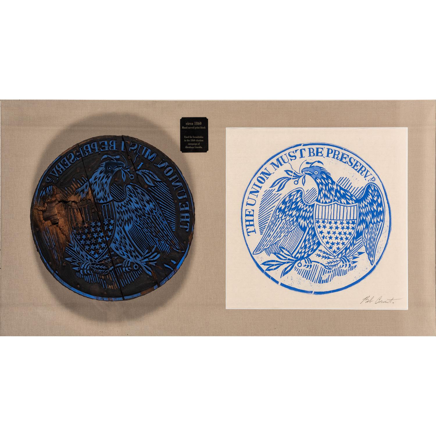 [LINCOLNIANA]. Patriotic hand-carved woodblock used for printed political campaign broadsides. N.p.: n.d., [ca 1860].