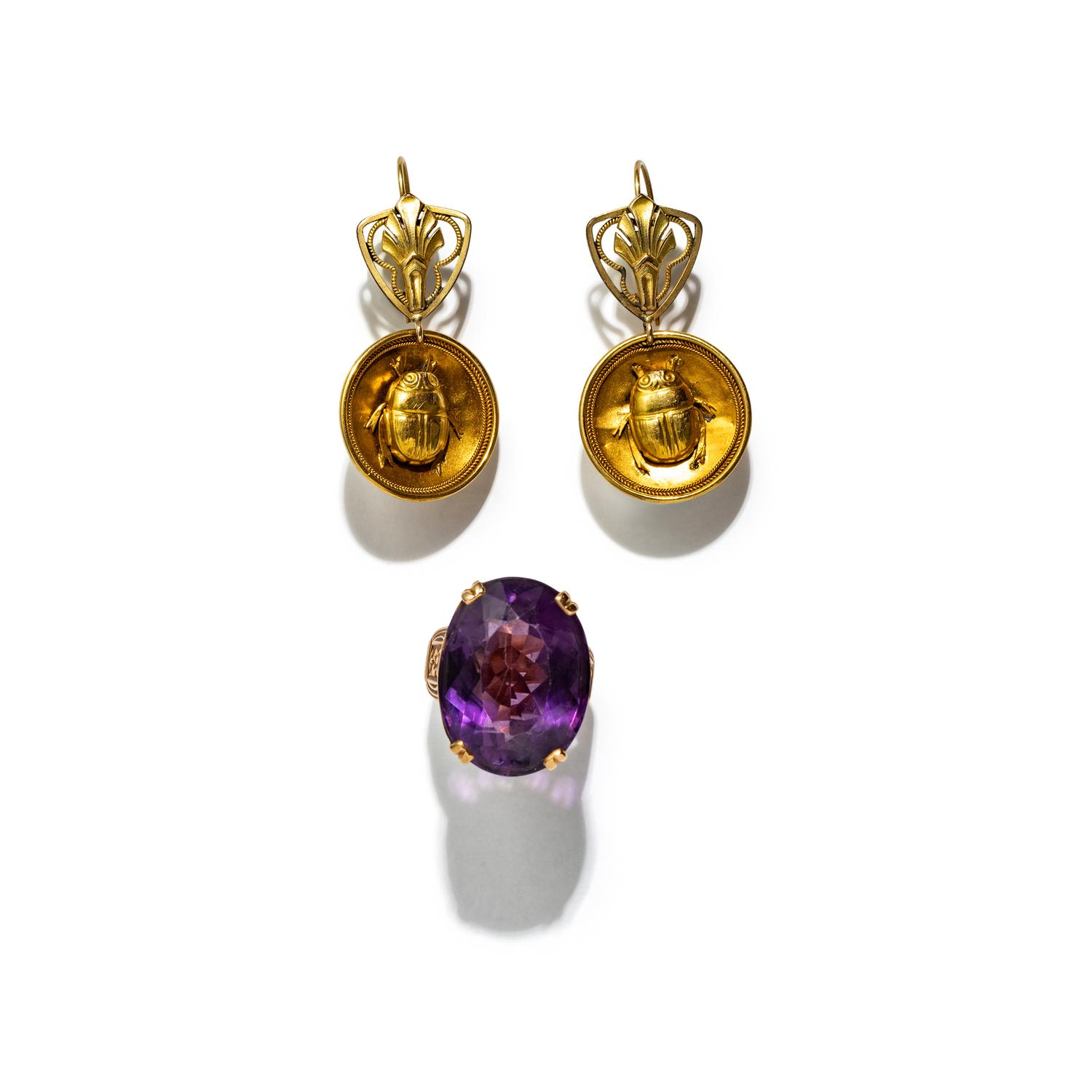 GOLD SCARAB EARRINGS AND AMETHYST RING