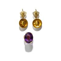 GOLD SCARAB EARRINGS AND AMETHYST RING