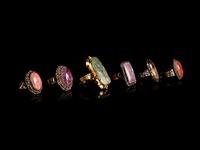 Six Chinese Hardstone Inset Metal Mounted Rings