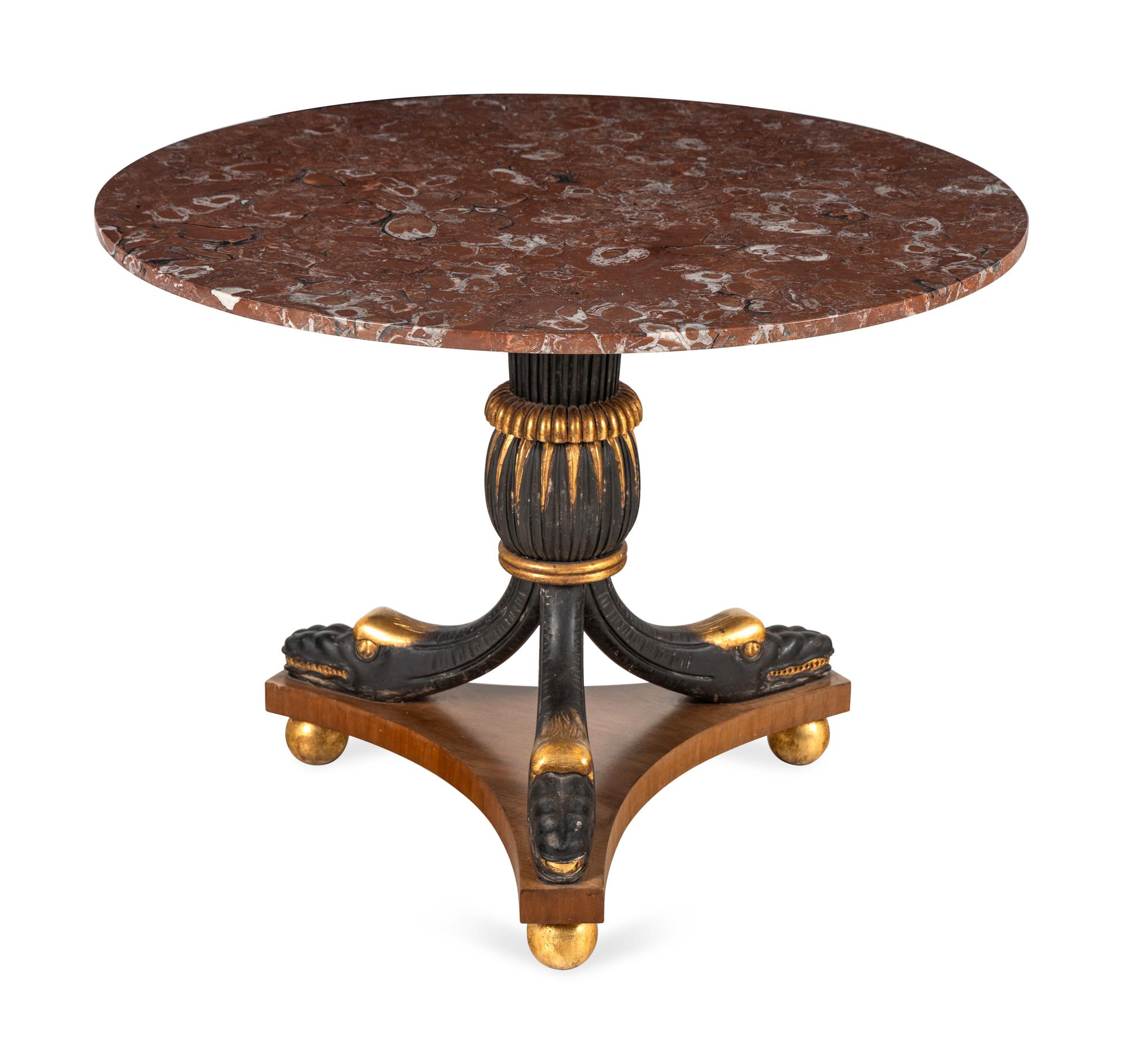 A Continental Neoclassical Style Painted and Parcel Gilt Marble-Top Center Table