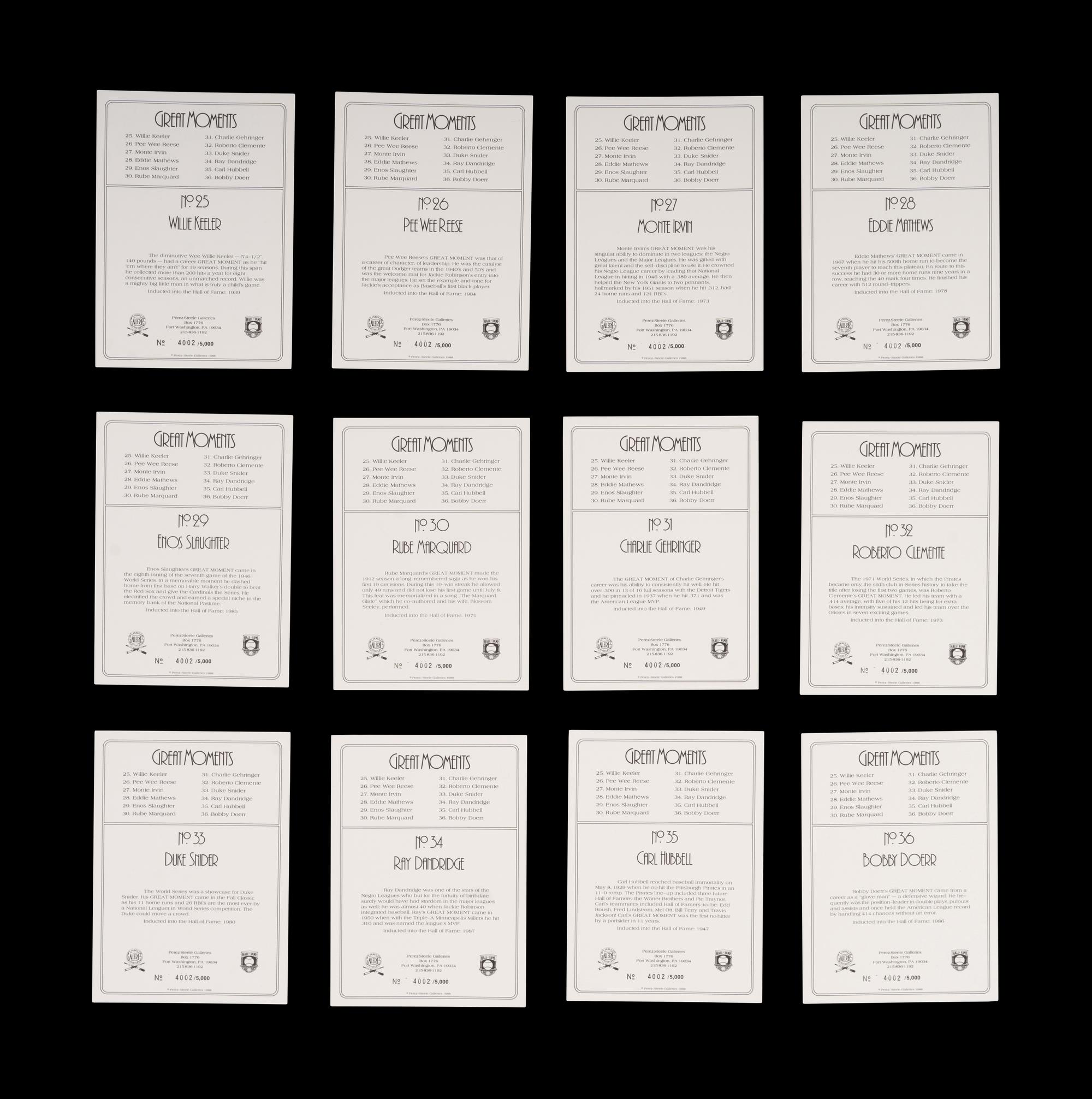 A Complete Run of 1984-97 Series One Through Nine Perez-Steele Baseball Hall of Fame Great Moments Cards
