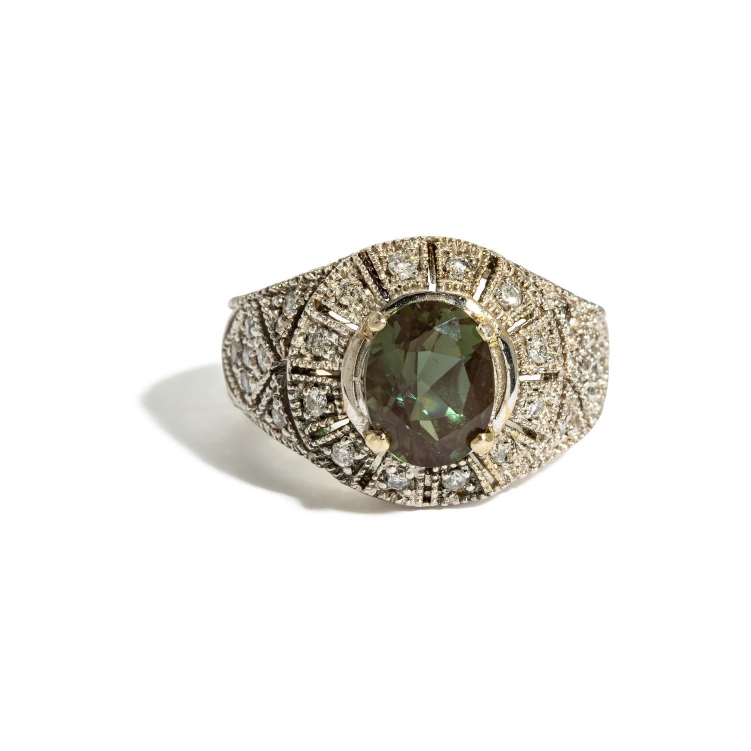 WHITE GOLD AND DIAMOND EARRINGS AND LABRADORITE RING