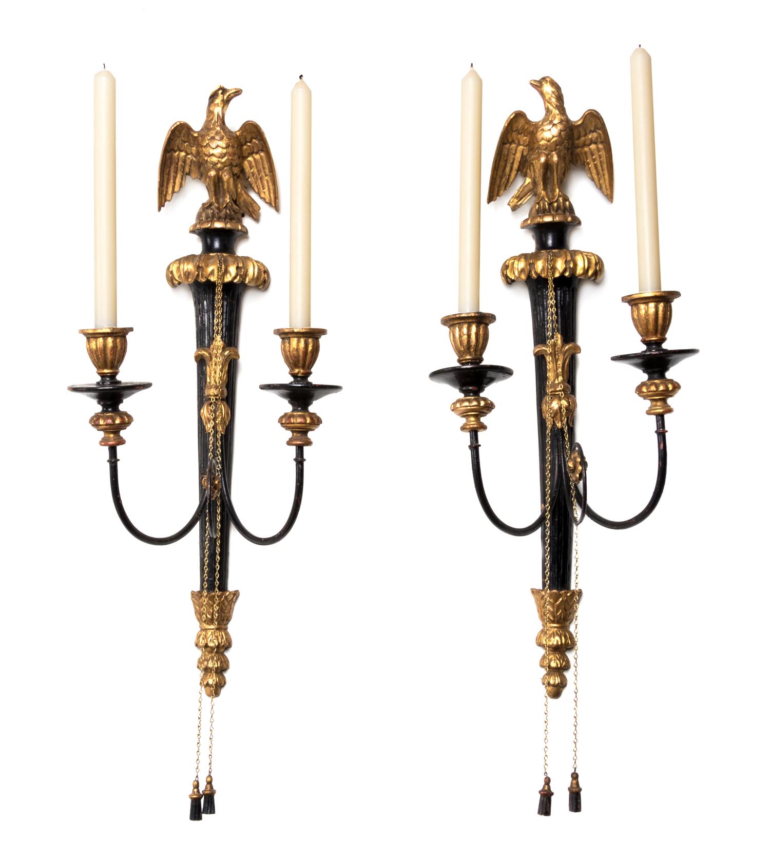 A Pair of Federal Style Painted and Parcel Gilt Sconces