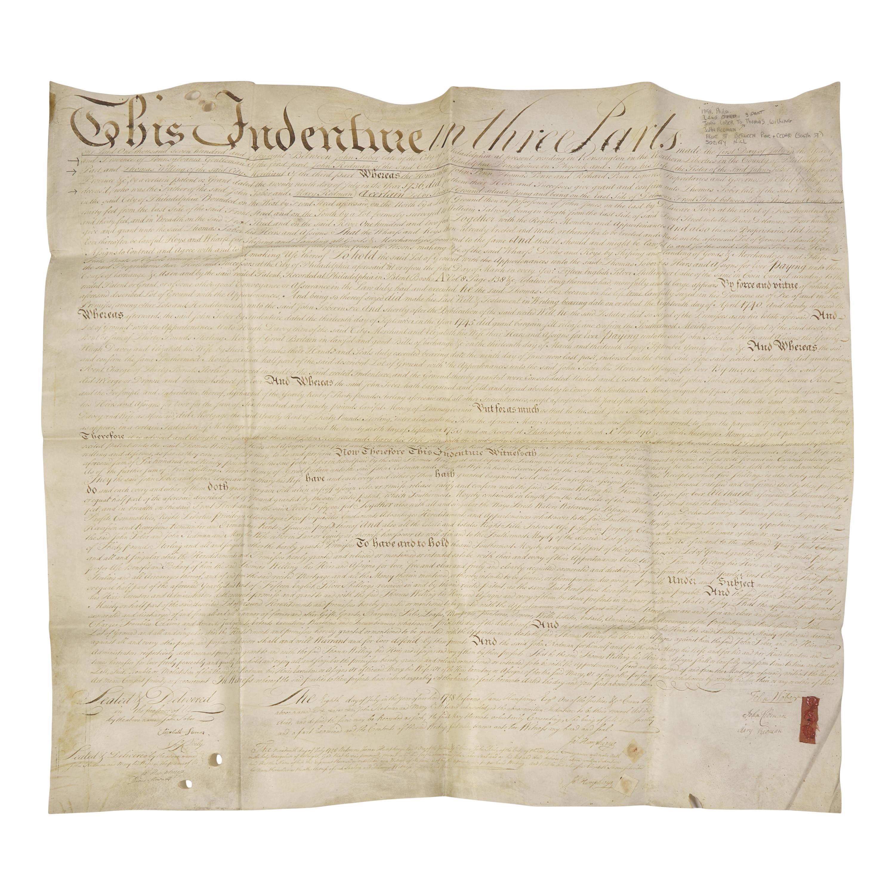 [Philadelphia] [Willing, Thomas] Signed Philadelphia 1758 land indenture