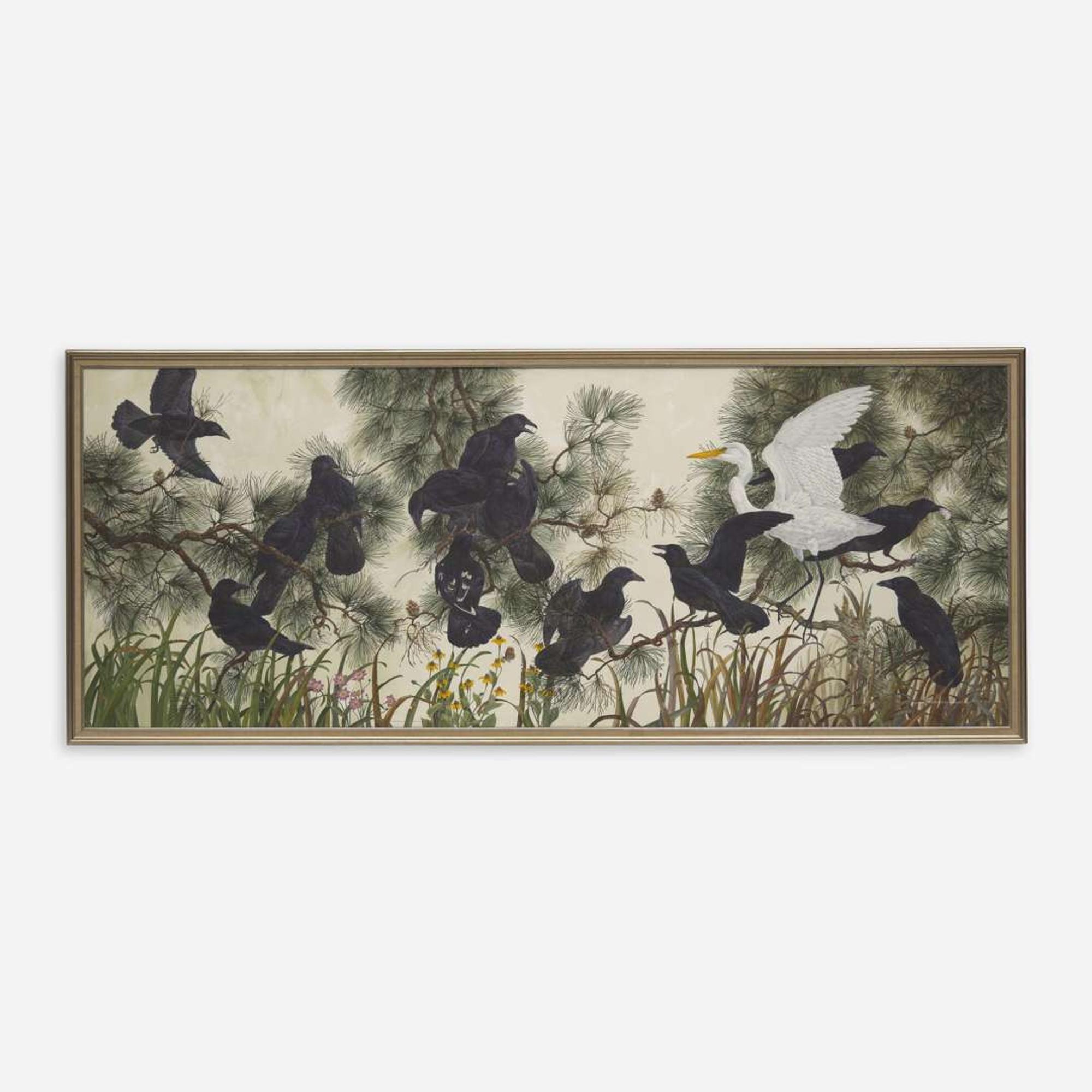 Robin Hill (American/Australian, B. 1932) Crows and American Egret