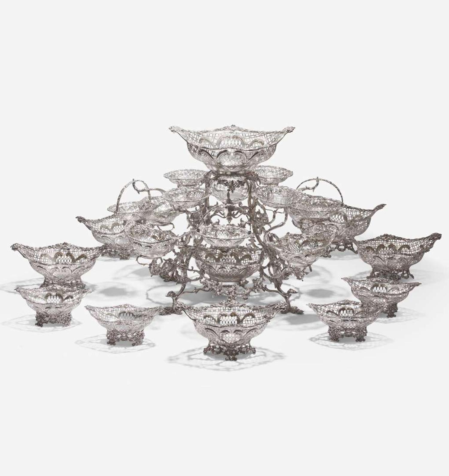 A Victorian sterling silver fourteen-basket epergne Francis Boone Thomas, London, 1884